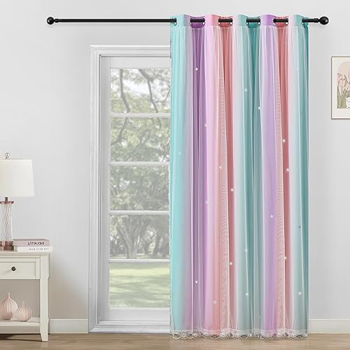Miniatura 80 de XiDi Cortinas opacas para dormitorio de niñas, diseño de princesa unicornio arcoíris, 72 pulgadas de largo, rosa/azul
