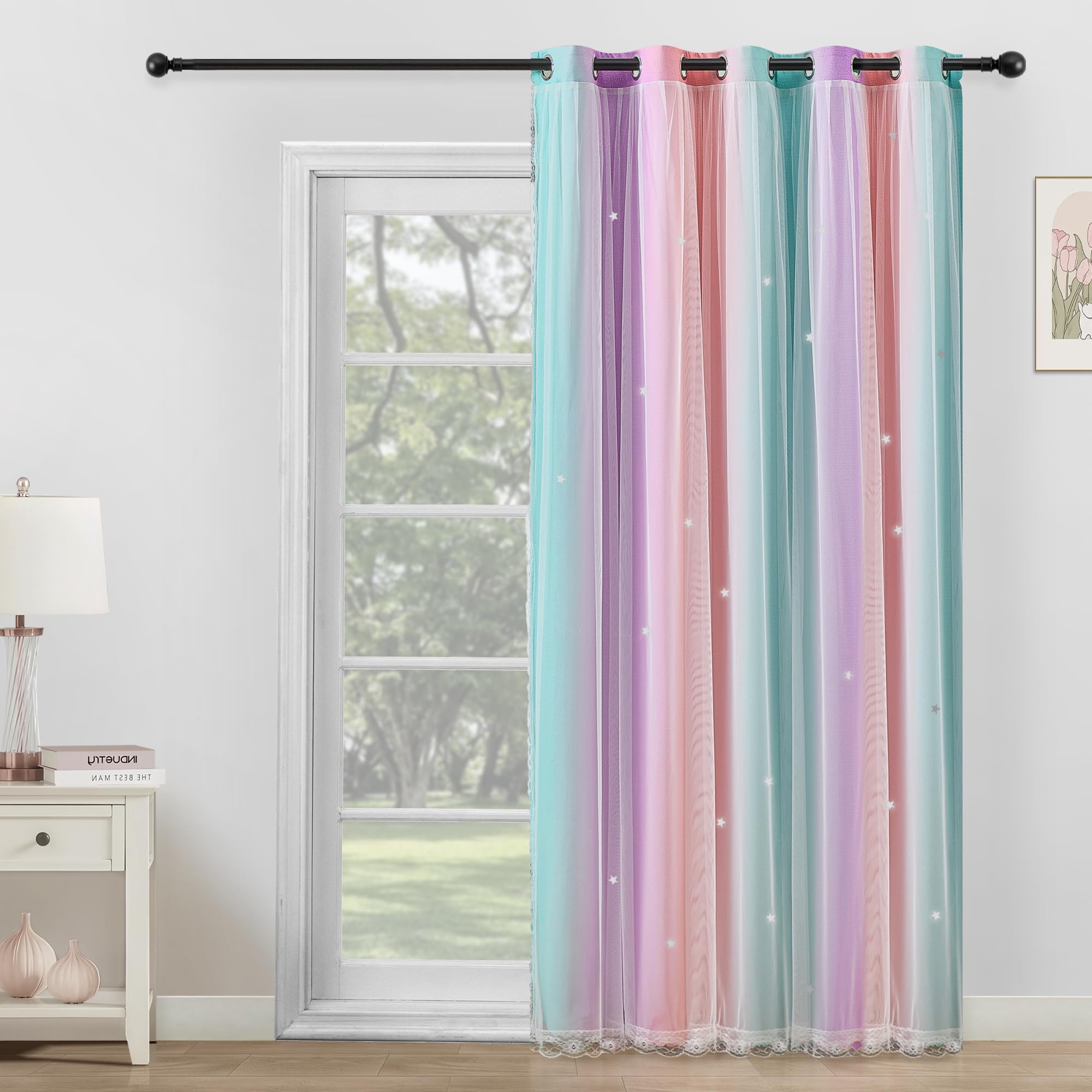 XiDi Extra Wide Curtains 84 Inches Long for Girls Bedroom Sliding Glass Door Kids Blackout Curtains for Nursery Room Darkening Rainbow Princess Unicorn 1 Panel 70 Inch Wide Pink Purple Green 70W x84L