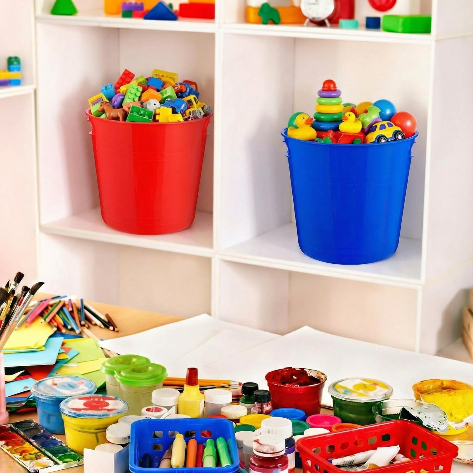 meekoo 24 Stück Kunststoff-Eimer mit Griffen, bunt, 3,8 l, großes Fassungsvermögen, Mehrzweck-Aufbewahrungsdosen für Küche, Wäsche, Garten, Badezimmer, Garage, Organisation