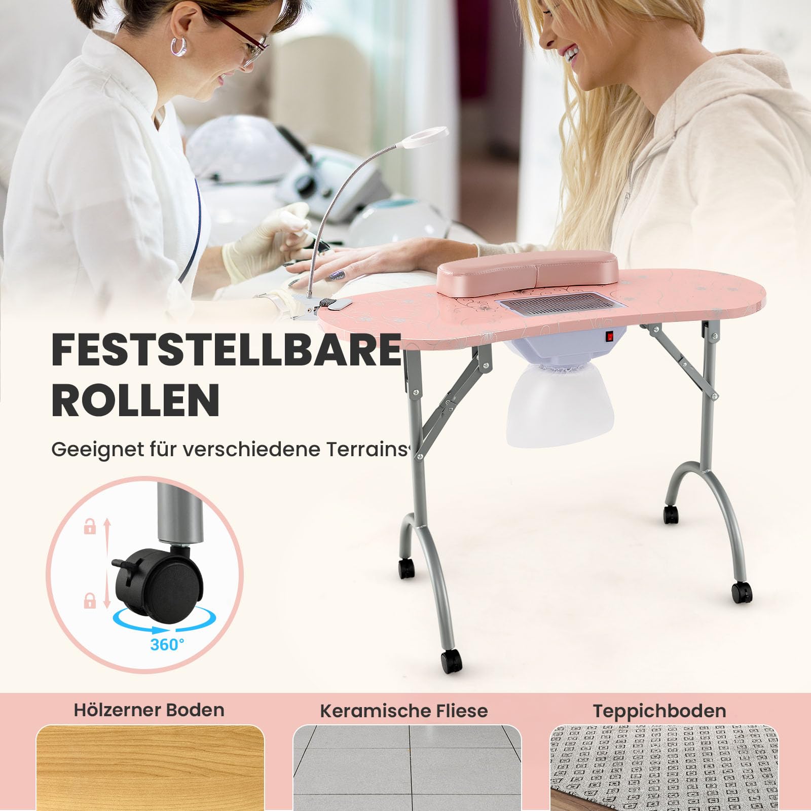 RELAX4LIFE Nageltisch, Maniküretisch mit Absaugung, Nagelstudio Tisch mit biegbarer LED-Lampe, faltbarer Manikürtisch mit 4 Rädern, Tragbare Maniküre-Tisch für Zuhause, Salon, Nagelstudio (Rosa)