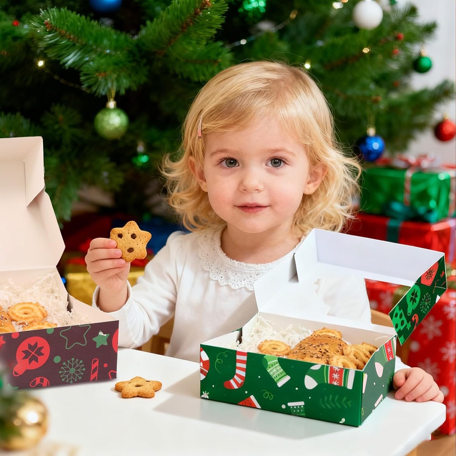 CHOUNYEE 24 Pack Christmas Cookie Boxes (8.25x6x2.75 Inch), Christmas Treat Boxes for Gift Giving, Bakery Boxes with Window for Exchange Gift, Holiday Food Cookie gift Containers image 5