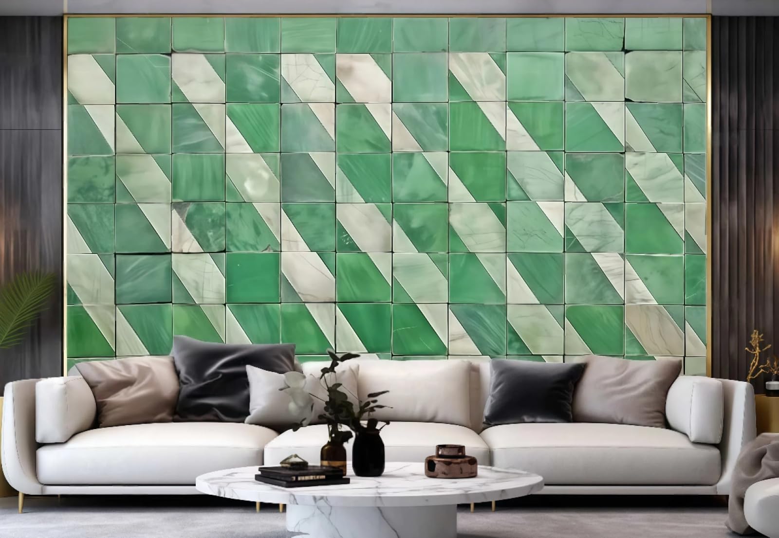 Tapeta nowoczesne proste zielone i białe kwadratowe łączenie reliefowe malarstwo skała telewizor sofa tło fototapeta ścienna salon restauracja kawiarnia, 3D, 250 x 175 cm