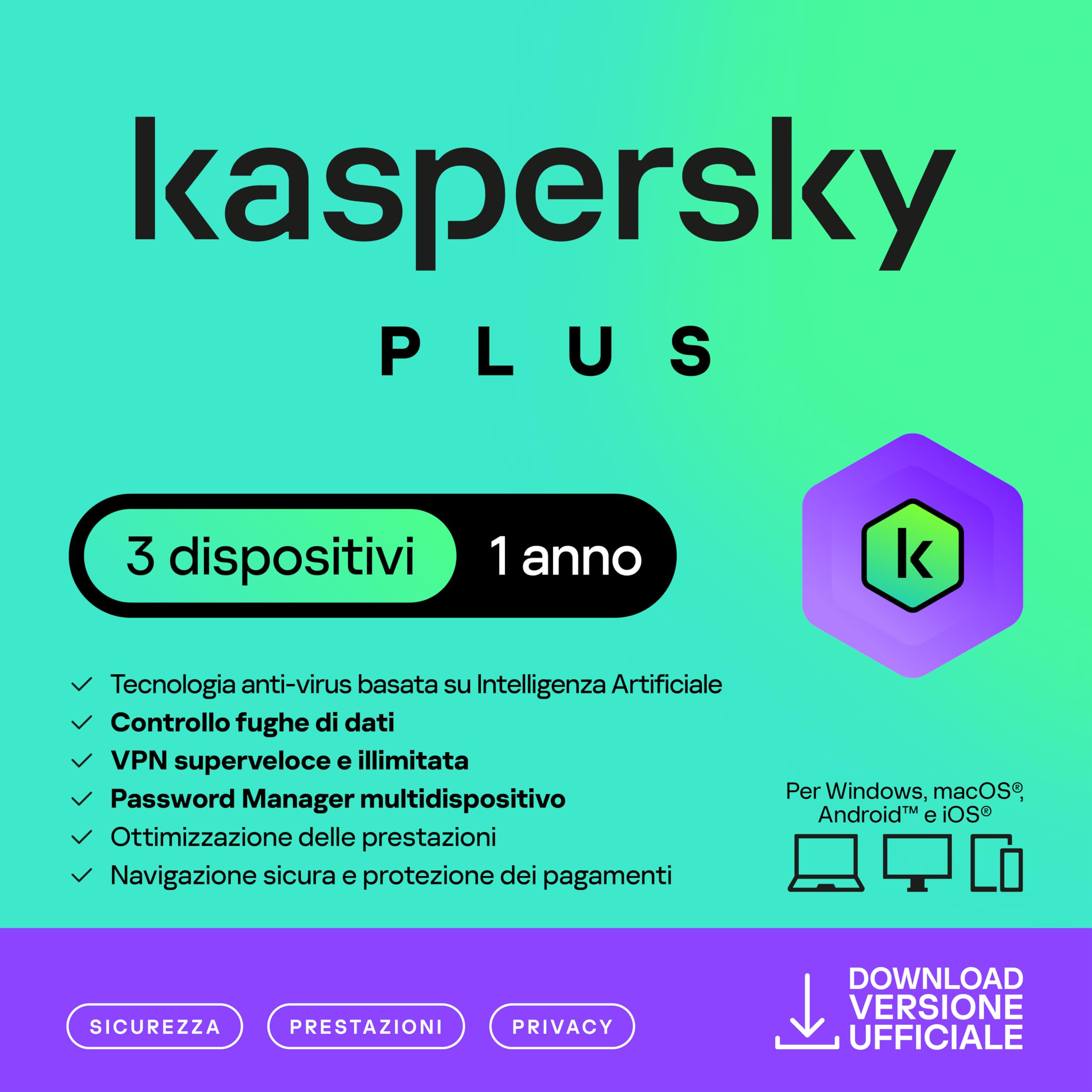 Kaspersky Plus Internet Security 2026| 3 dispositivi | 1 anno | Con Anti-Phishing e Firewall | VPN illimitata | Password Manager | Protezione banking online | PC/Mac/mobili | Attivazione e-mail