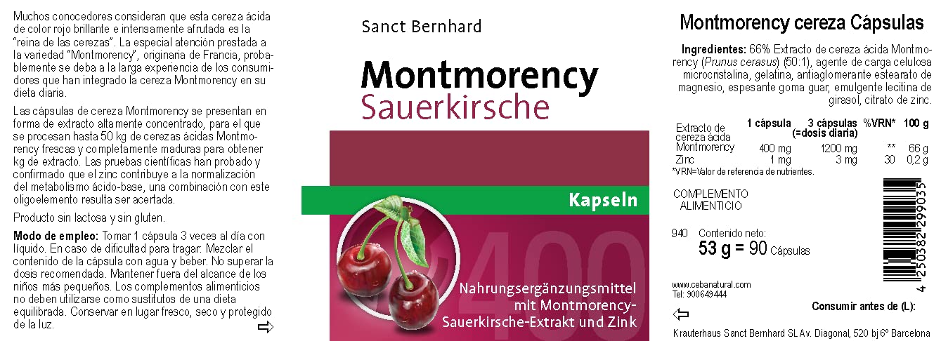 Montmorency Cereza (Prunus cerasus) 90 Cápsulas - Extracto 50:1 de primera calidad de cereza ácida de Montmorency
