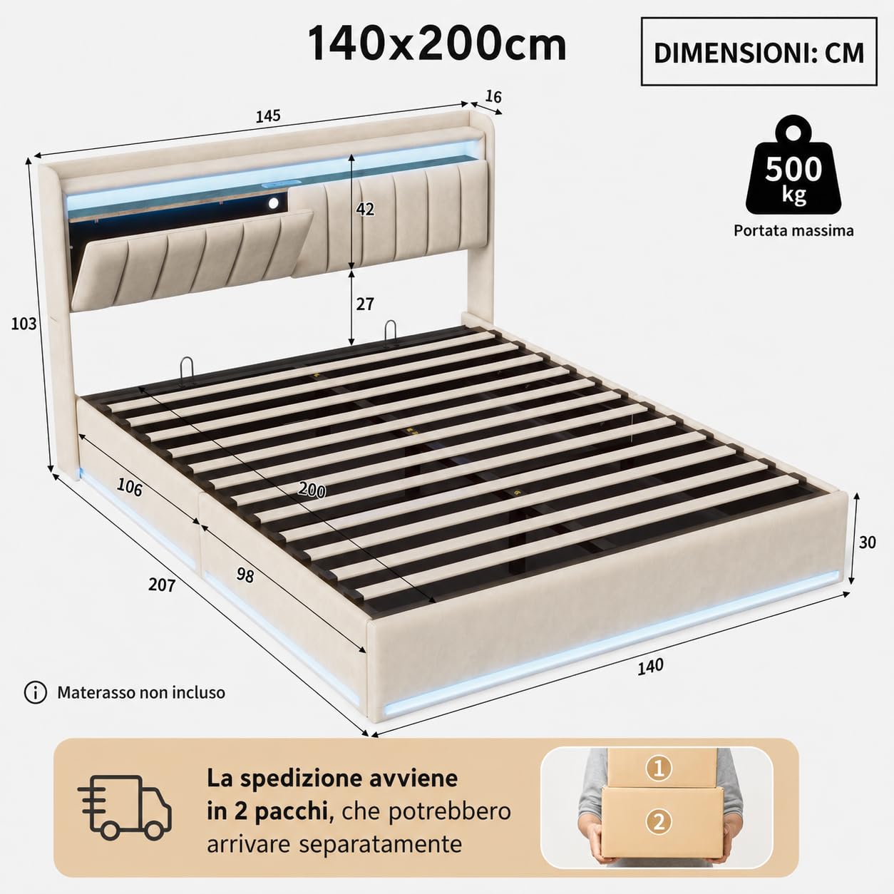 Letto imbottito 140x200 cm con Contenitore idraulico, Letto matrimoniale a LED con stazione di ricarica, Testiera in velluto, Struttura letto con rete a doghe (beige, 140x200 cm)