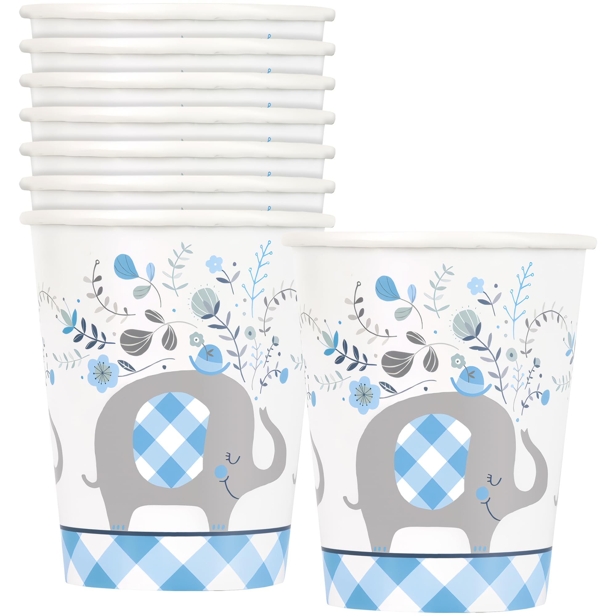 Blue Floral Elephant Paper Cups (255g) | Adorable & Delightful Elephant Design - Perfect for Baby Showers, Birthdays & Celebrations - 8ct