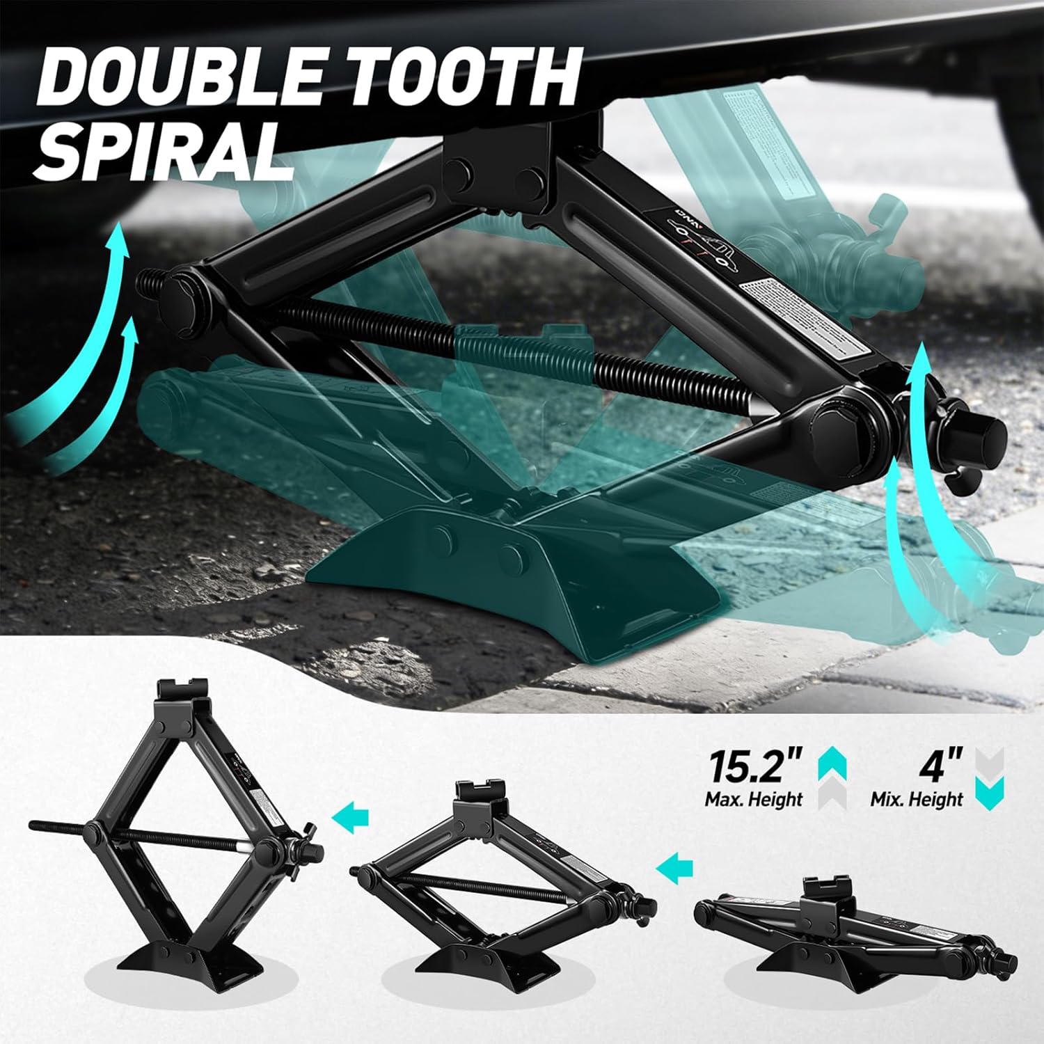 DNA Motoring Scissor Jack for Car, 1.5 Ton (3,306 lbs) Scissor Lift Jack with Labor-Saving Ratchet Wrench for Most Cars, 4'' - 15.2'' Lifting Range, TOOLS-00282