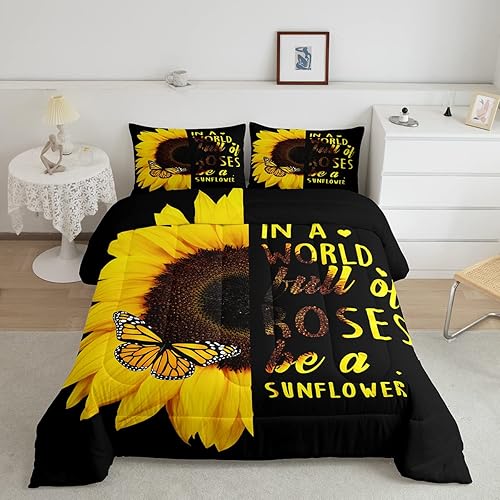 Erosebridal Juego de edredón de girasoles negros tamaño Queen para niñas y mujeres, ropa de cama floral de mariposa amarilla, edredón botánico de