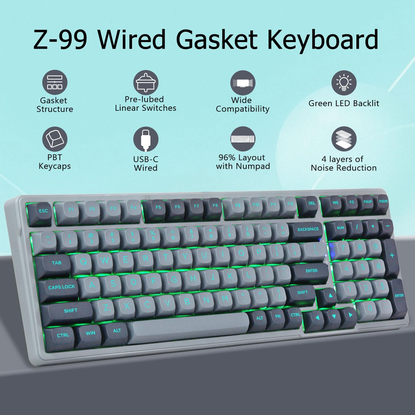 Tastiera meccanica da gioco cablata, suono cremoso, interruttori lineari pre-lubrificati, struttura della guarnizione con schiuma di smorzamento del suono, luce laterale RGB retroilluminata a LED