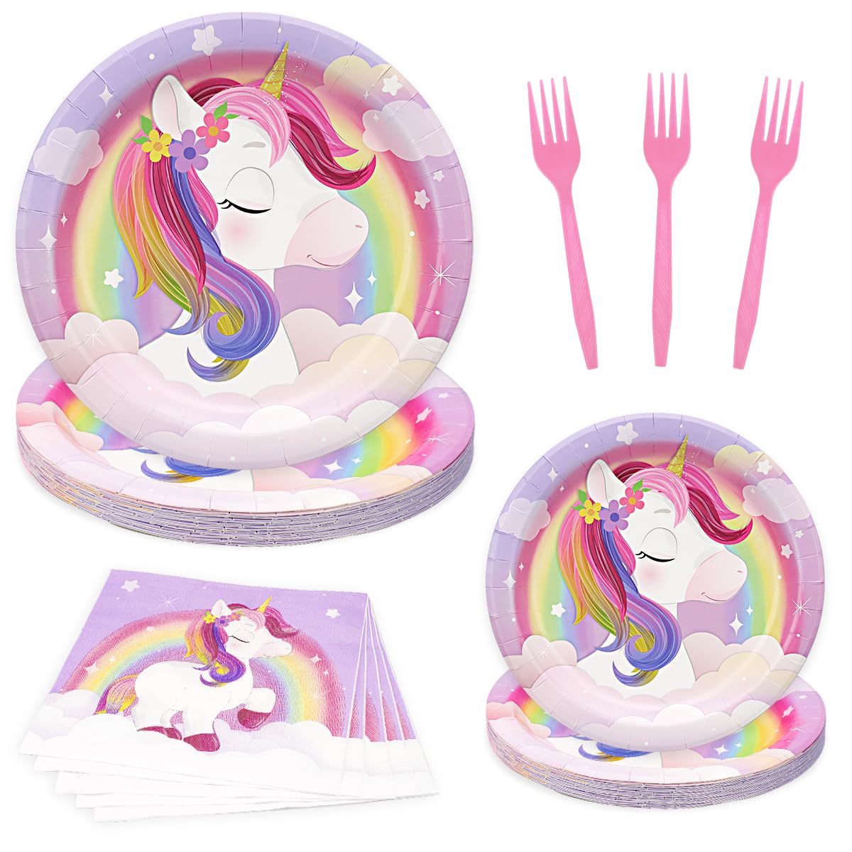 96Pcs Unicorn Party Supplies Set Including Rainbow Unicorn Paper Dinner Plates, Dessert Plates, Napkins, Forks for Unicorn Theme Birthday Party Decorations Girls Tableware Baby Shower Favor Serve 24
