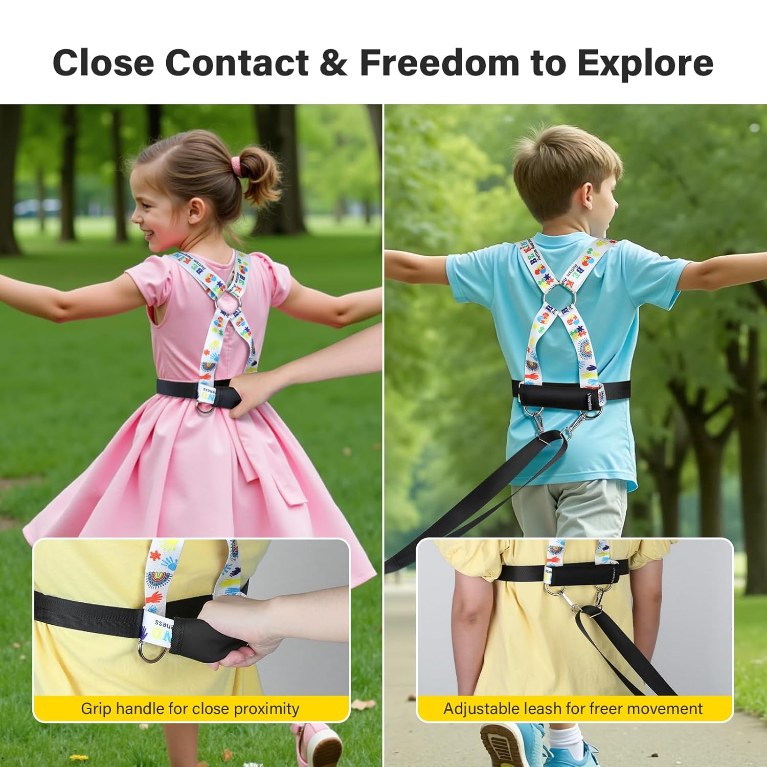 Safety Walking Harness and Leash for Autism & Special Needs Kids Ages 6-12 with Easy-Adjust Tether + Emergency Grab Handle for Wandering Prevention & Calm Outdoor Adventures