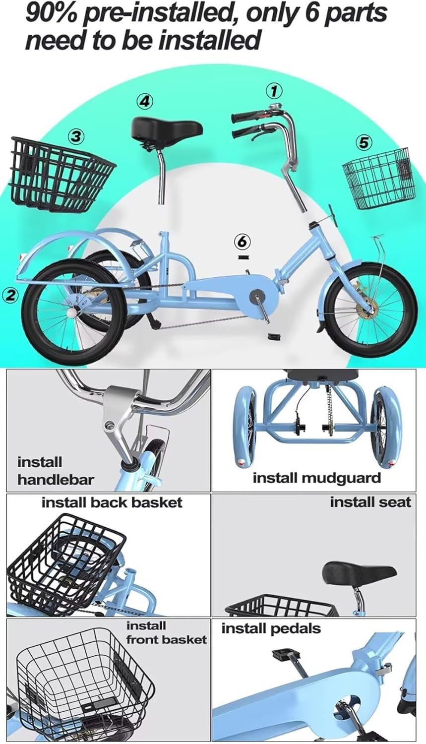 Folding tricycles with Back Basket,Rickshaw with Pedals,Cruiser Trike for Shopping,3 Wheels Bicycle,Dual Brakes, Wine red-16inch