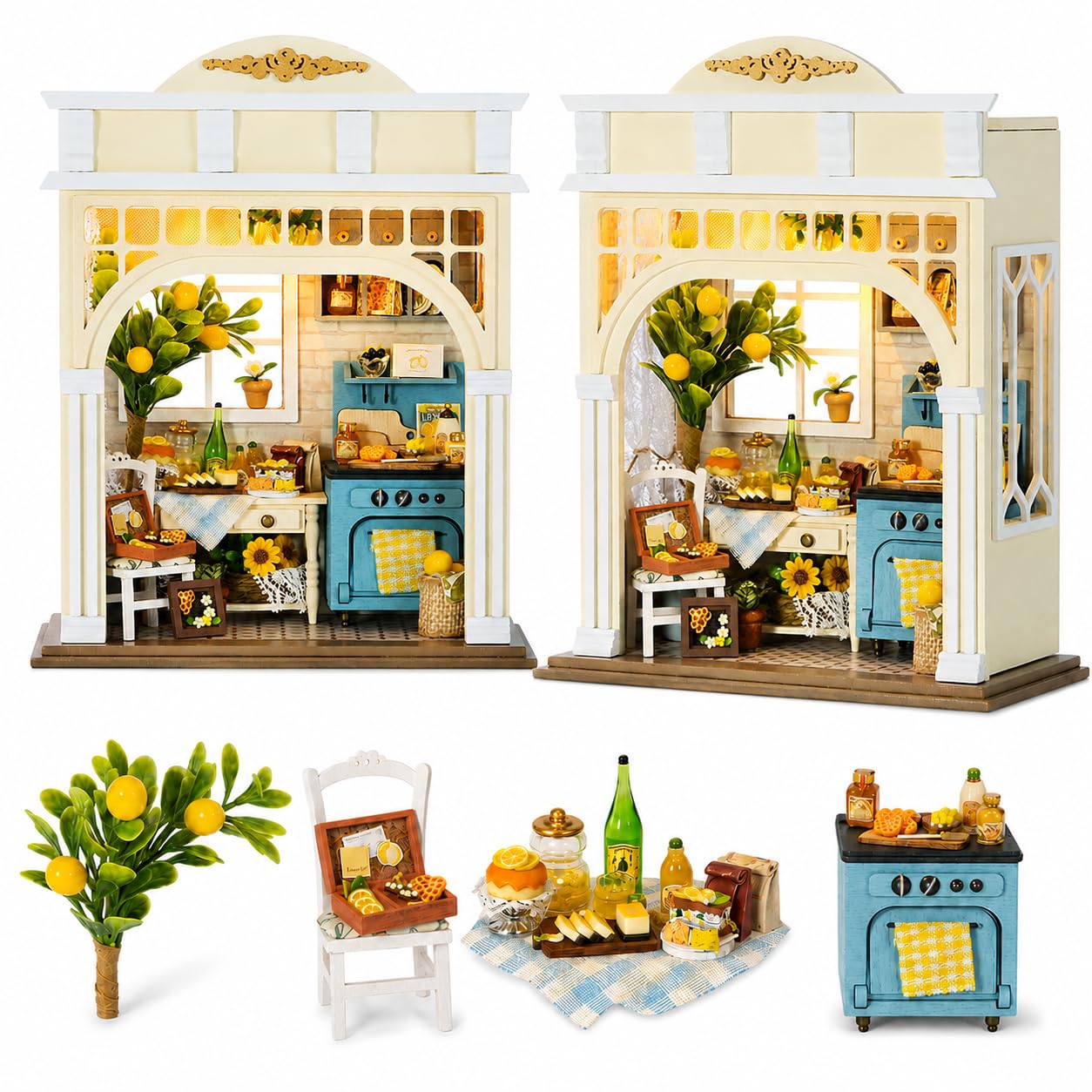 Spilay Book Nook Kits for Adults, Sunshine Season DIY Miniature House Kit with LED Light, 3D Wooden Puzzle Craft Kit, Lemon Kitchen Model for Desk Bookshelf Decor, Gift for Teens Adults