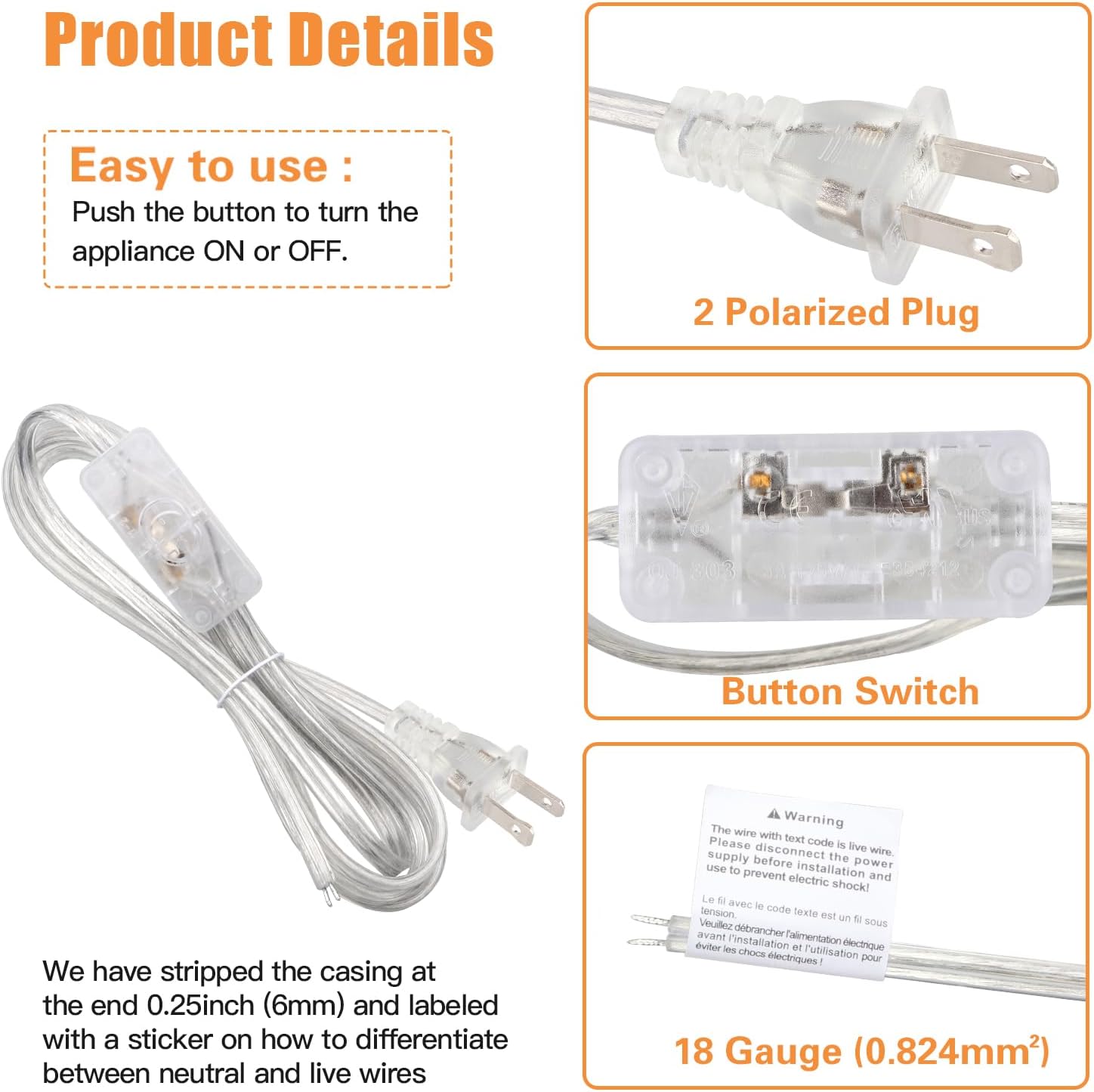 8FT Lamp Cord with Switch Replacement Lamp Cord Switch Set with Plug Clear 18AWG SPT-2 Wire ON Off Button Switches 2 Polarized Plug 8 Feet DIY Rewiring Repairing Wiring Electrical Light Cords 1 Clear 8FT image 7 of 9 B0CTMZS8QY