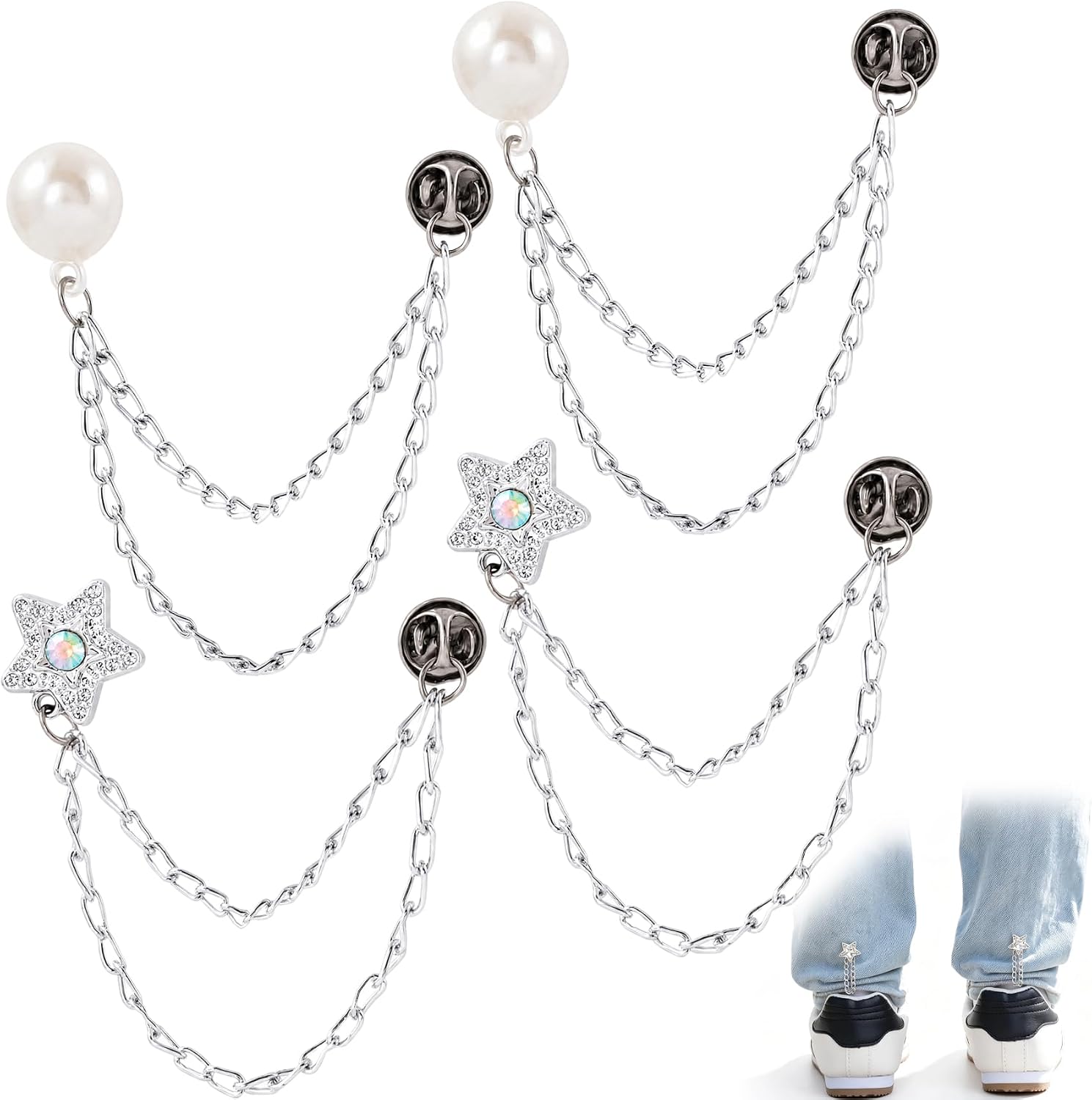 4 Pcs Shirts Clips with Chains, Waist Adjuster Pin Pant Hem Clips for Clothing, Multifunctional Pearl/Star Styling Pins for Clothes to Tighten Cuff Sleeves Jean Accessories - Silver