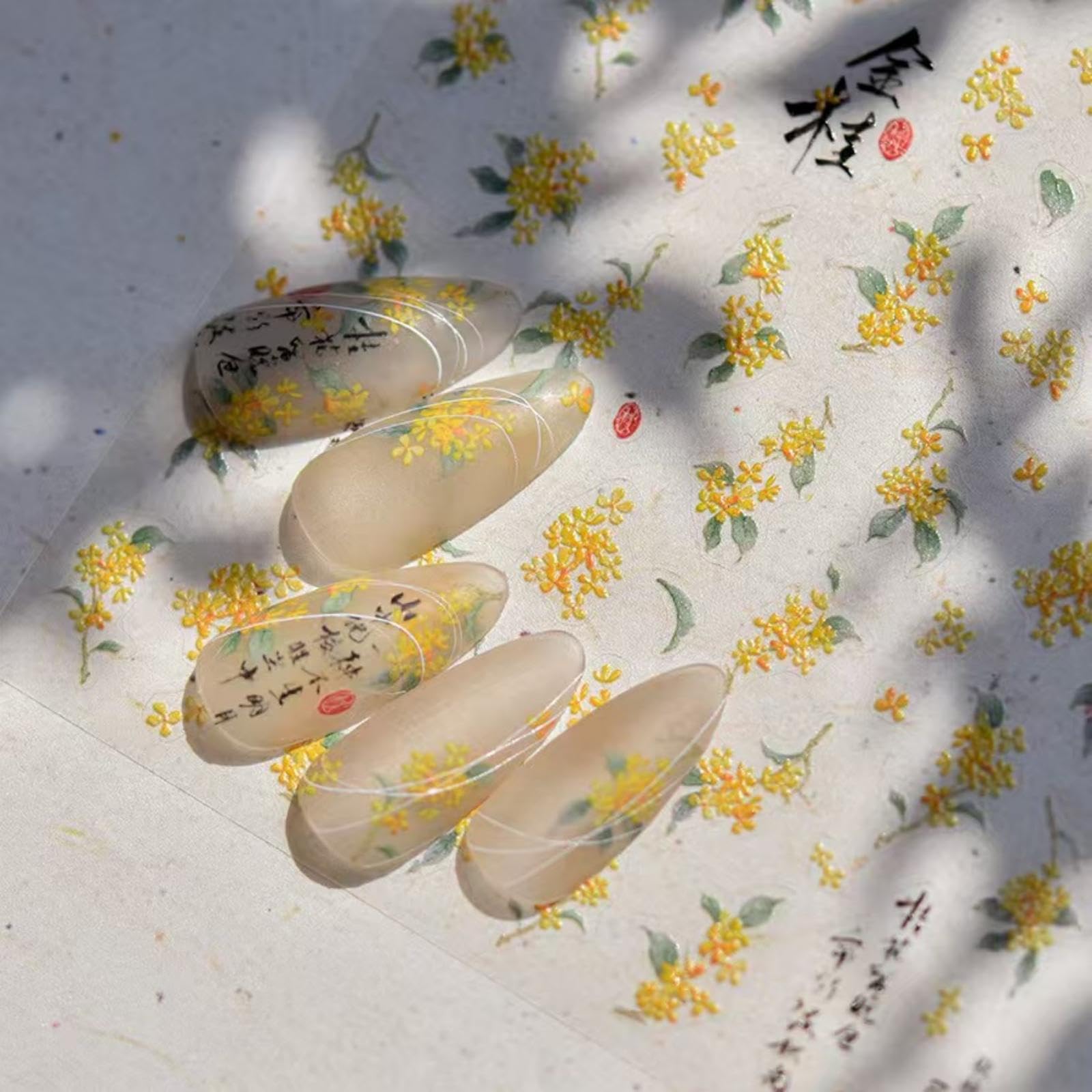 5D Embossed Yellow Nail Art Stickers Spring Flower Nail Stickers Chinese Style Design Floral Leaf Nail Decals Supplies Self Adhesive Sticker DIY Acrylic Nail Accessories