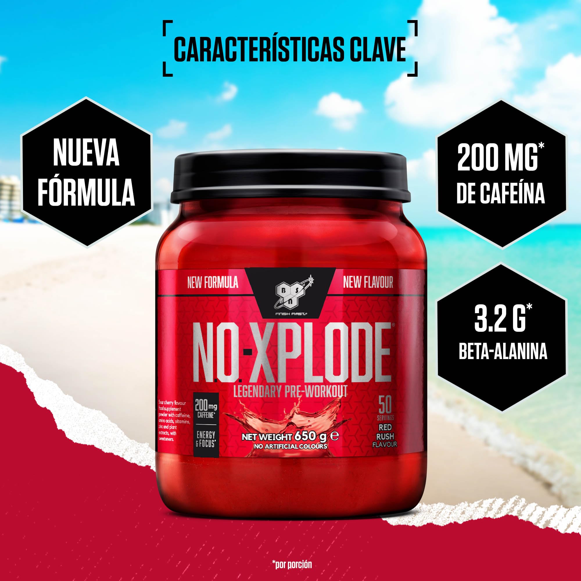 BSN Nutrition NOX Suplemento Alimenticio en Polvo para Preentrenamiento, Apoyo de Energía y Concentración con Cafeína, Aminoácidos, Vitamina C y Zinc, Sabor Fiebre Roja, 50 Porciones, 650 g