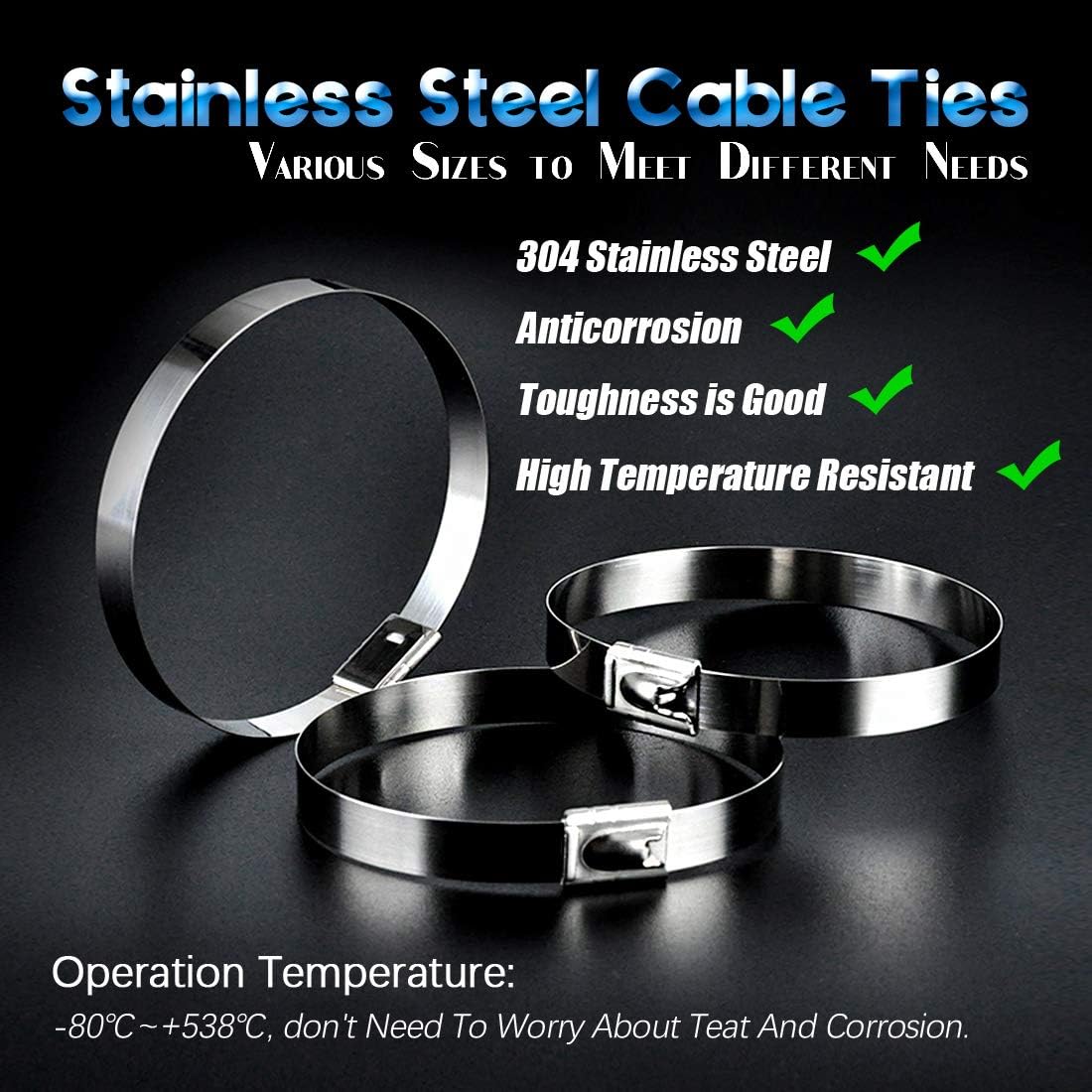 Glarks 100Pcs 3.9'' / 5.9'' / 7.9'' / 11.8'' Long 304 Stainless Steel Exhaust Strap Wrap Coated Locking Zip Cable Ties Set