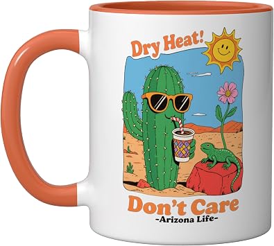 Dry Heat Cactus Lizard Desert Humor Arizona Funny Souvenir Ceramic Mug, Orange/White, 11oz