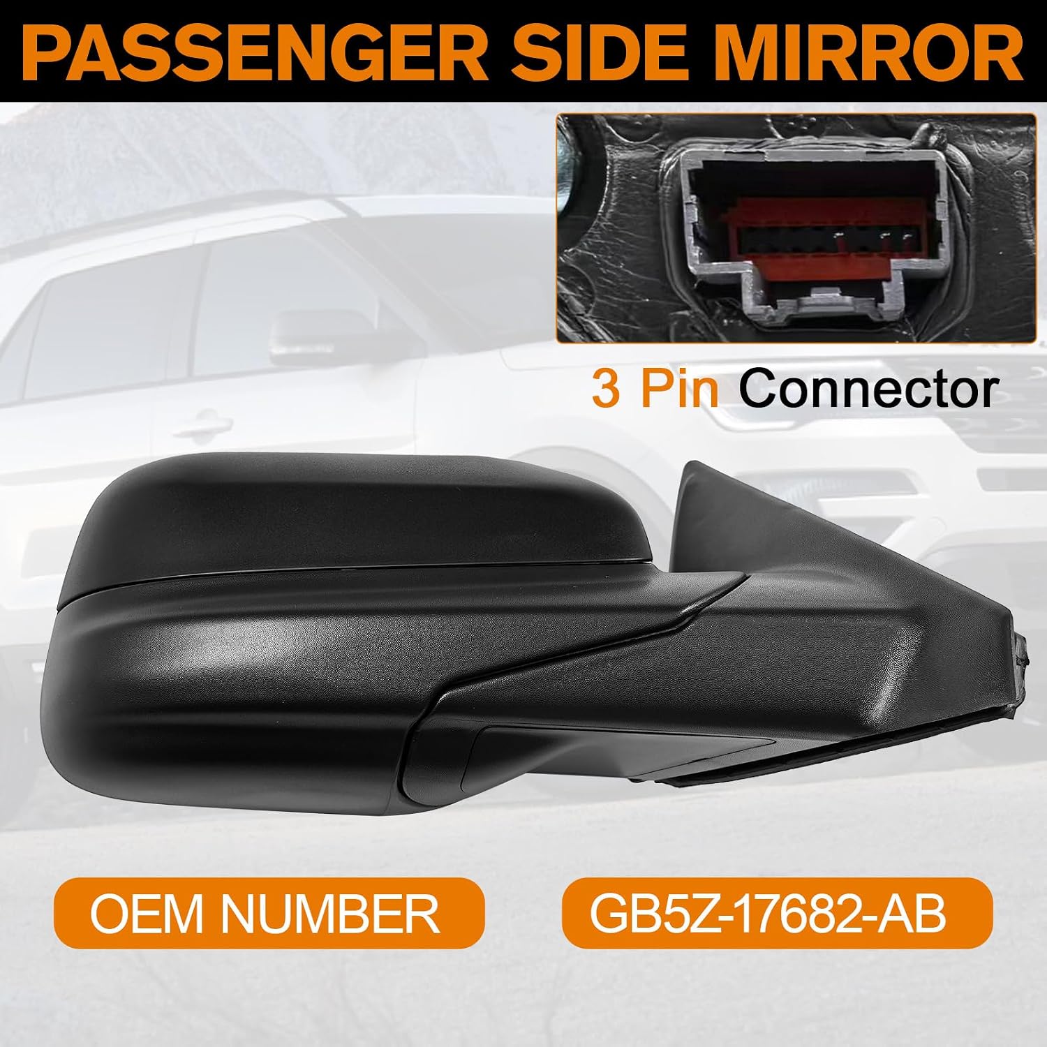 3Pins Passenger Side Mirror Fit for 2016 2017 2018 2019 Explorer with Power Adjustment Wide Angle Lens Black Side View Mirror Replacement GB5Z-17682-AB