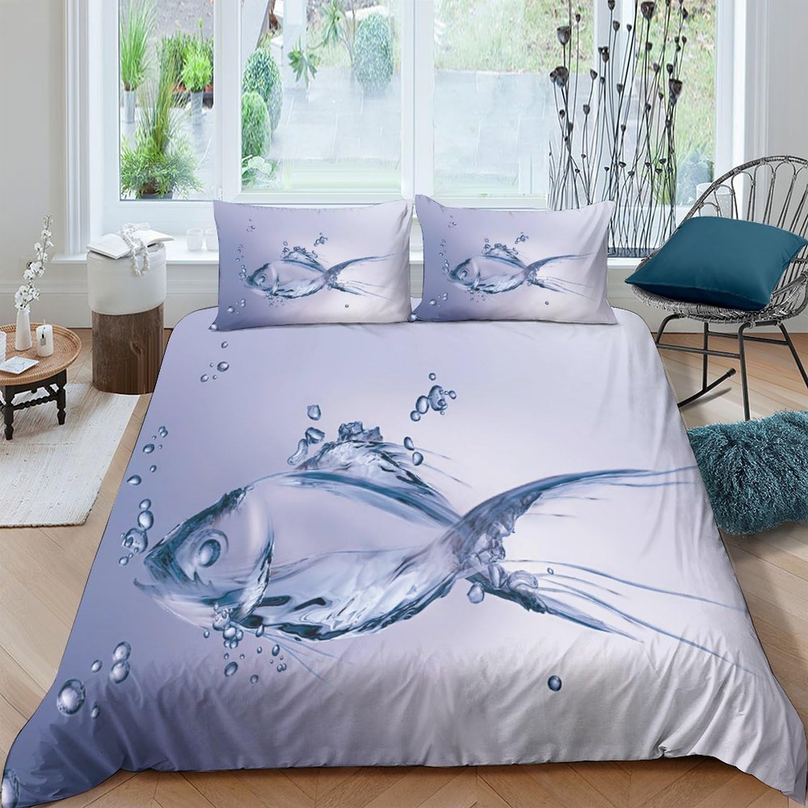 Housse de couette poisson pour lit enfant en microfibre douce avec fermeture éclair invisible