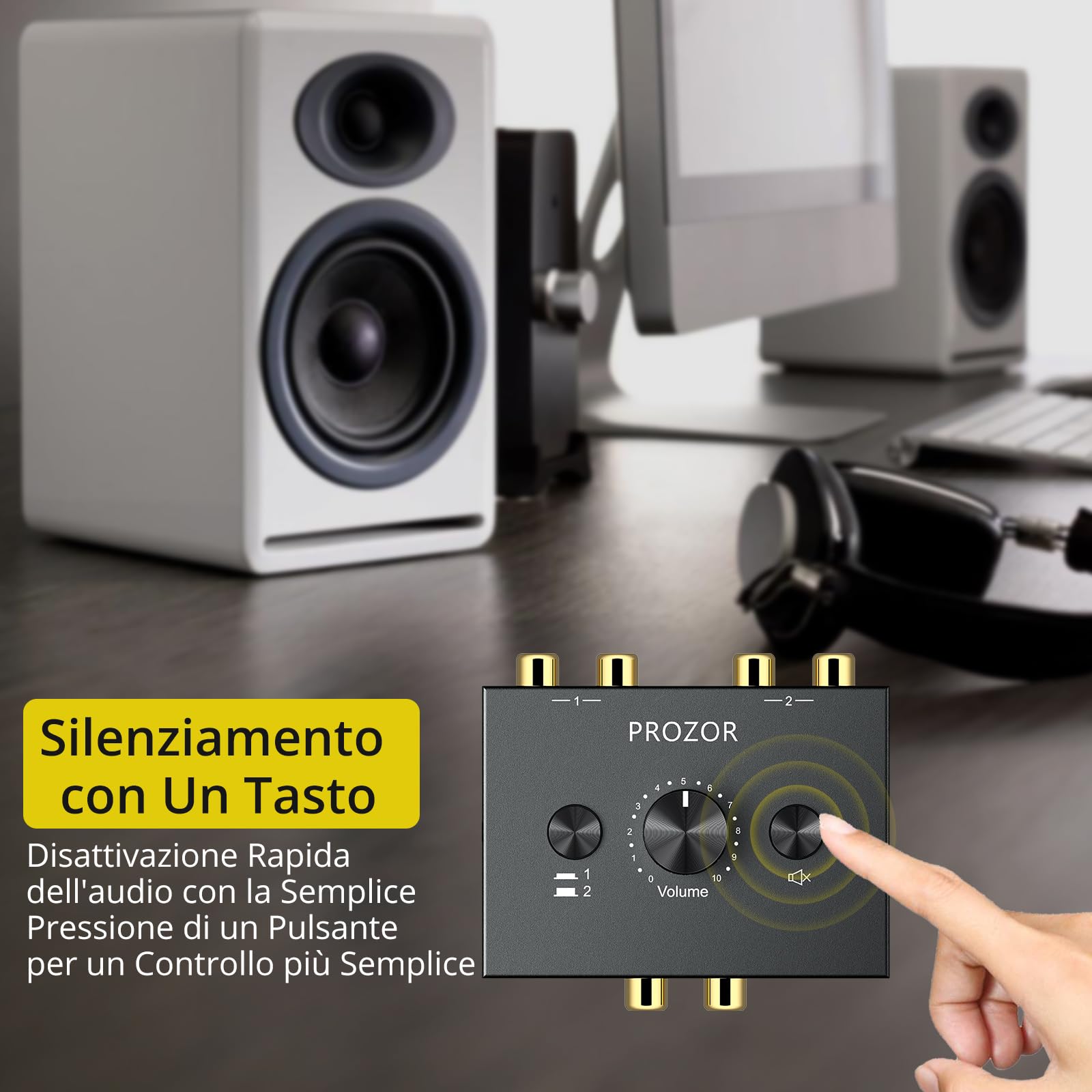 PROZOR Stereo Audio Switch R/L 1 in 2 out / 2 in 1 out Switch Audio Stereo Bidirezionale con 1.5m L/R Cavo Stereo RCA Audio Switch con Tasto Muto Commutatore Bidirezionale Audio Stereo L/R