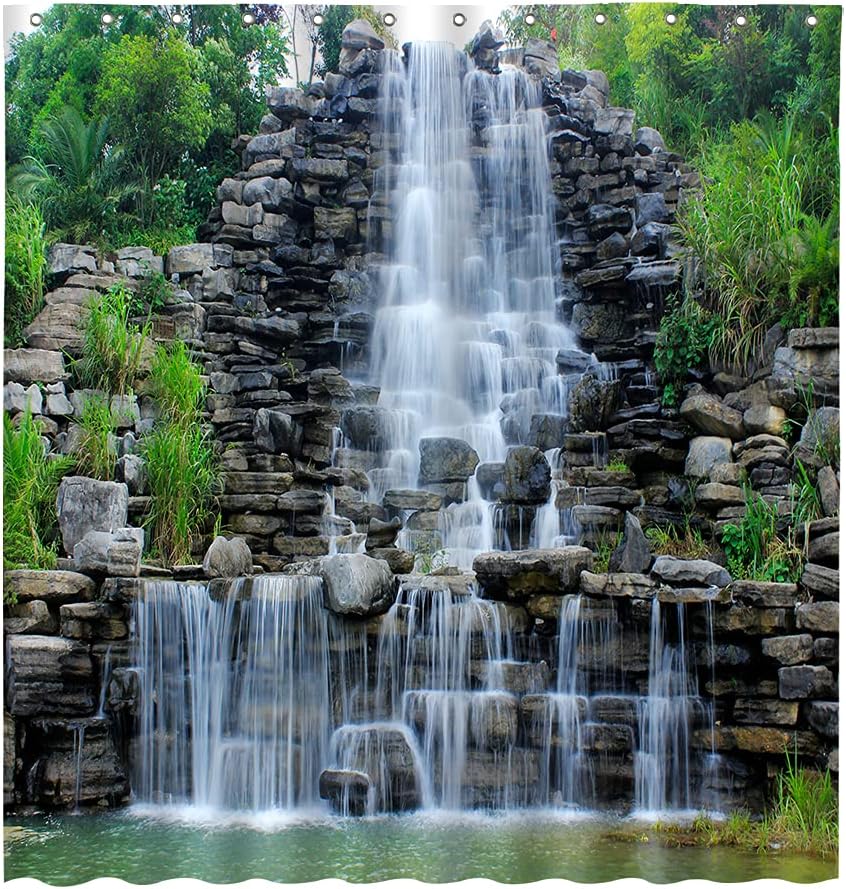 Waterfall Shower Curtain Natural Scenery Stone Green Plants Landscape Bathroom Decoration Polyester Fabric Curtains Set 106x70 Inch with Hook