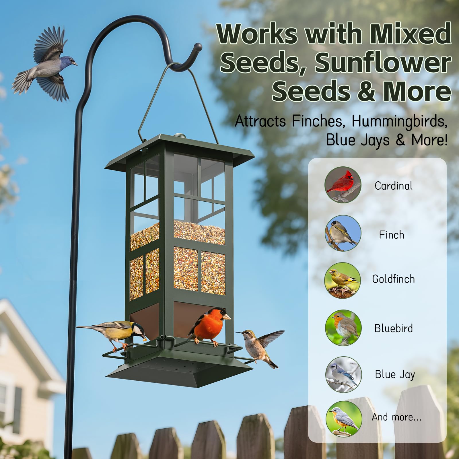 Wildpark Comedero colgante de metal para pájaros con 4 agujeros de drenaje, fácil de llenar, diseño resistente a la intemperie, atrae cardenales, Blue Jays y más