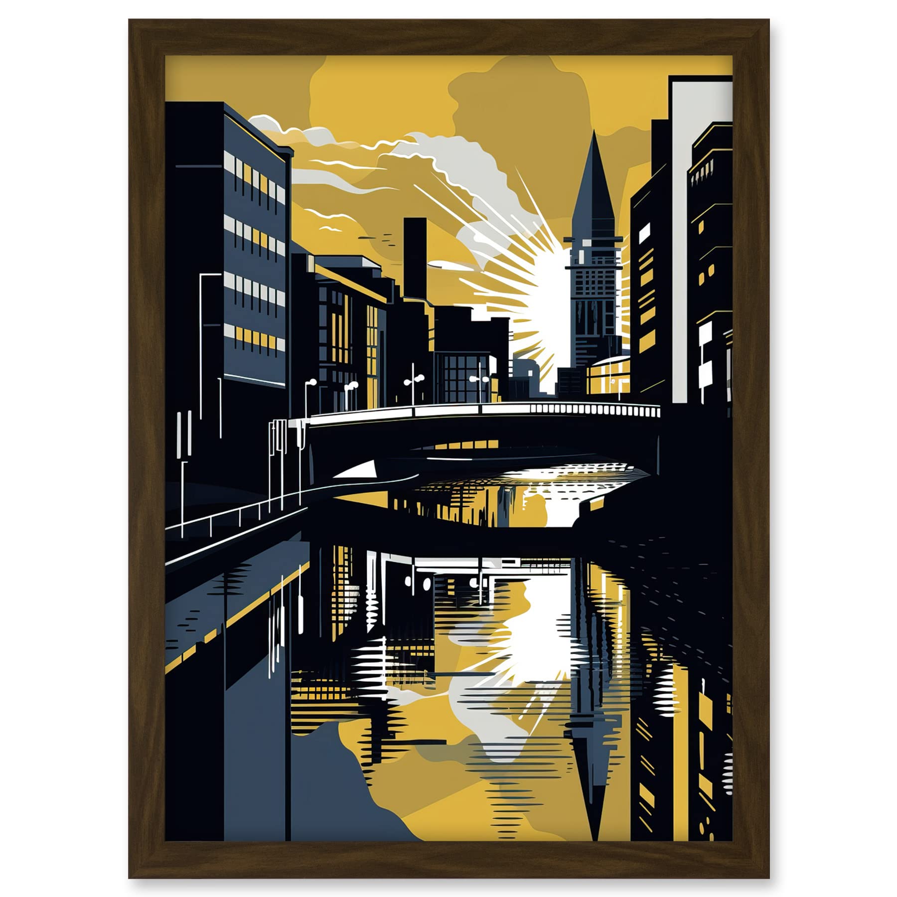 Artery8 Glasgow Scotland River Cityscape Sunrise Geometric Artwork Framed A3 Wall Art Print