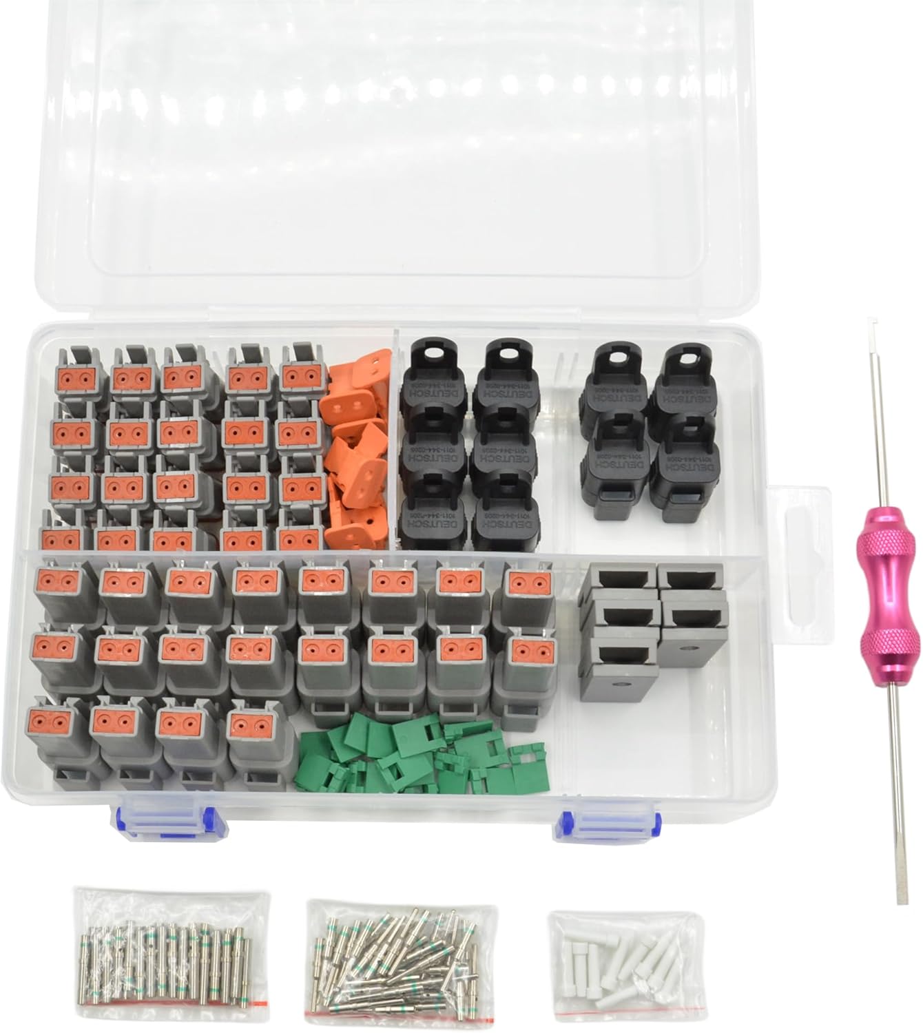 190PCS Deutsch DT Connector Kit,20 Set 2 Pin Electrical Connectors,DT04-2P/DT06-2S Automobile Waterproof Connector,1011-344-0205 Black Dust Cap,16# Solid Contacts and Removal Tool (A-2 Pin 20 Set)