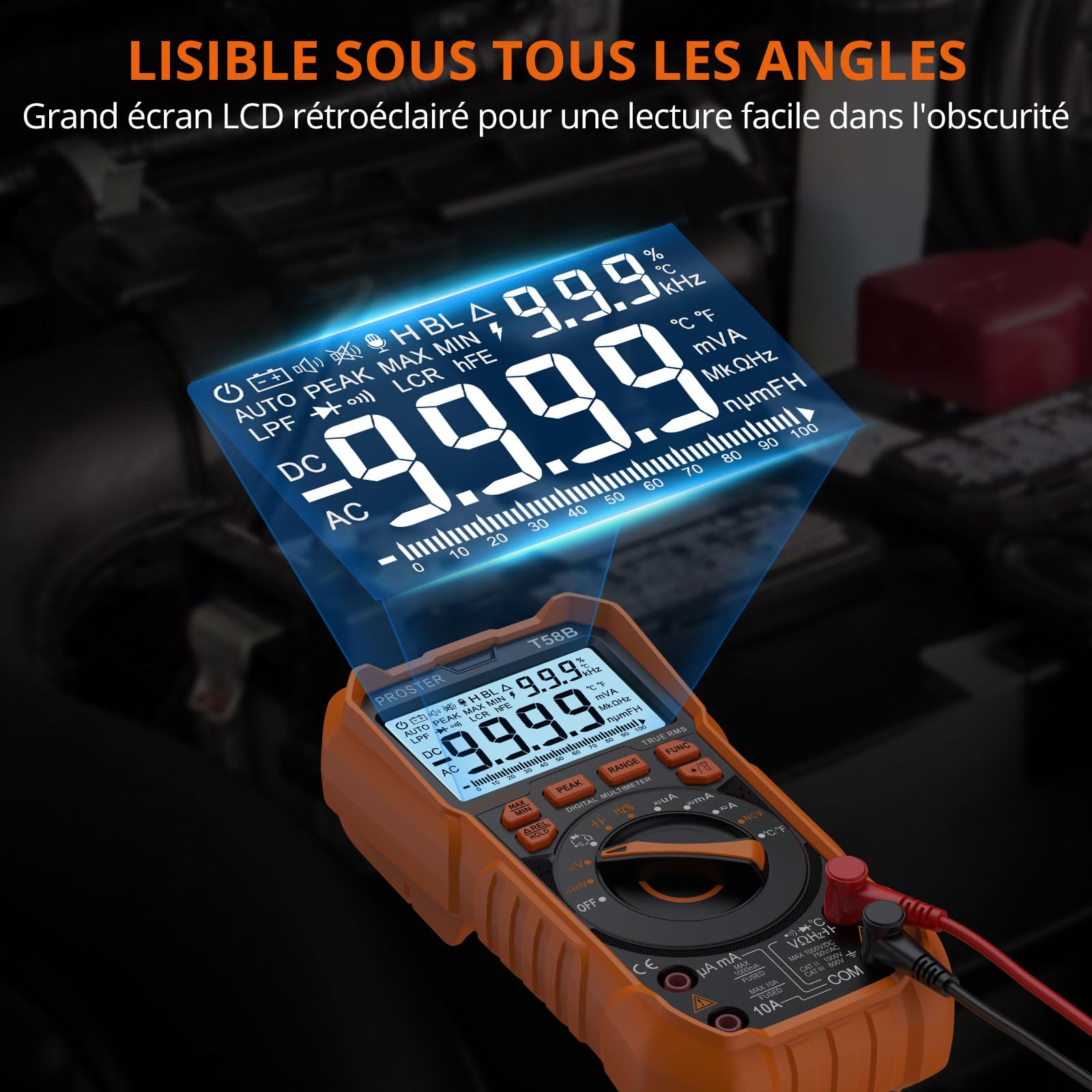 Proster Multimètre Numérique 9999 Comptes TRMS Auto-Range NCV – Testeur Électrique AC/DC avec Mesure Température, Crête, Continuité, Alerte Jack et Support Magnétique