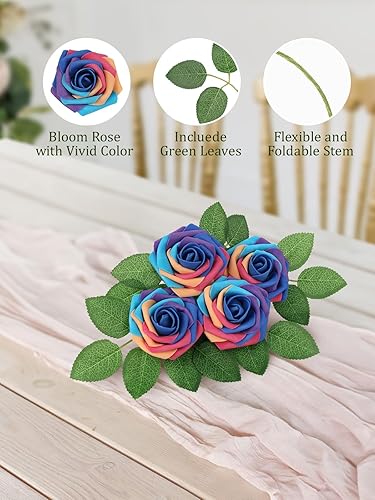 Miniatura 5 de MACTING Flores Artificiales Rosas 30PCS Tacto Real Flores Falsas con Tallo Rosa de Espuma Arcoíris para Bricolaje Ramos de Novia de Boda Centros