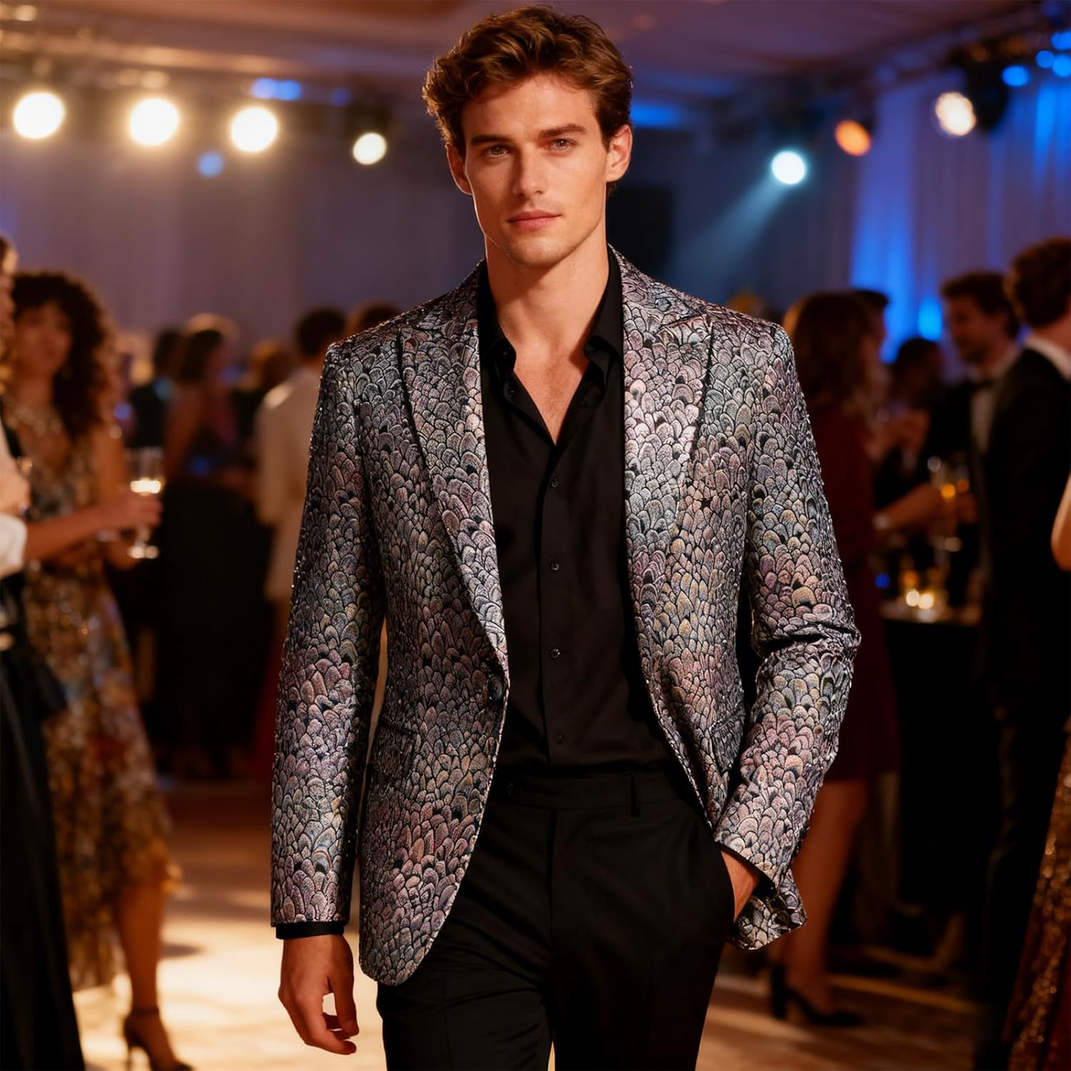 Mens Floral Tuxedo One Button Jacket Peak Lapel Shiny Blazer Dinner Party Wedding Suit Jacket