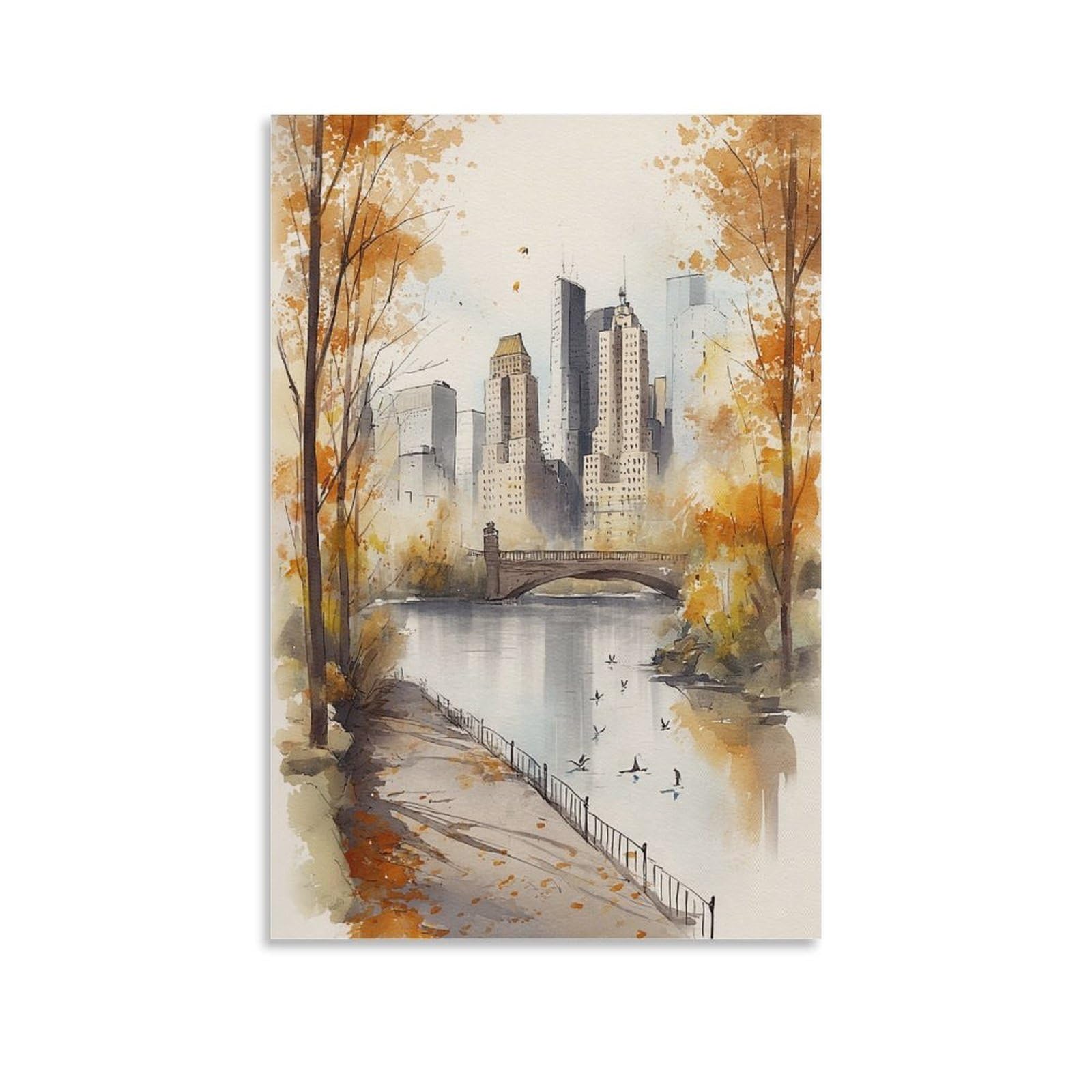 LCYNNH Central Park Watercolor Print New York Winter Scene 24x36inch(60x90cm) Print Home Bedroom Office Living Room Decor Canvas