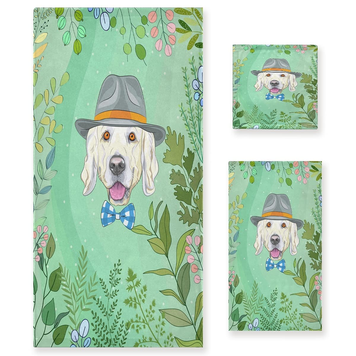 Cachorro De Perro Verde Juego de Toallas para Baño Playa 100% Algodón de Piscina Toalla (1 Toalla de Baño y 1 Toalla de Mano y 1 Paño de Lavado) para Nadar Hotel Niñas Niños Niños