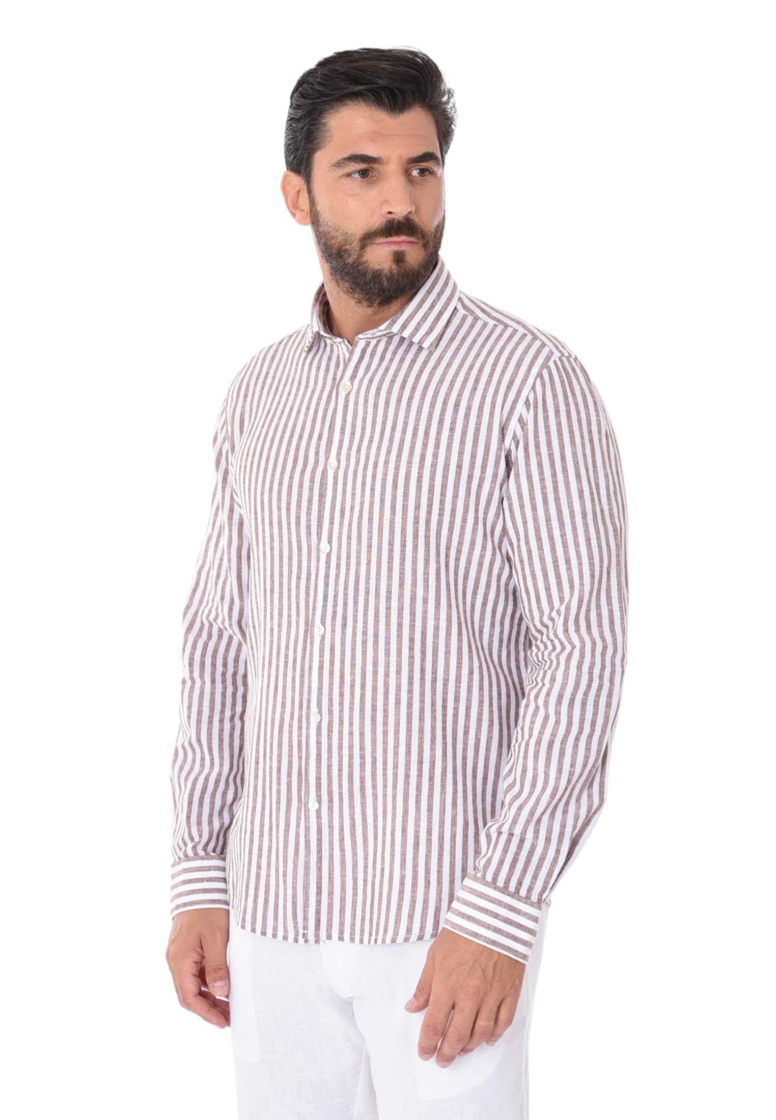 Camicia Lino Uomo a Righe Collo Francese Camicia Elegante Estiva Slim Fit