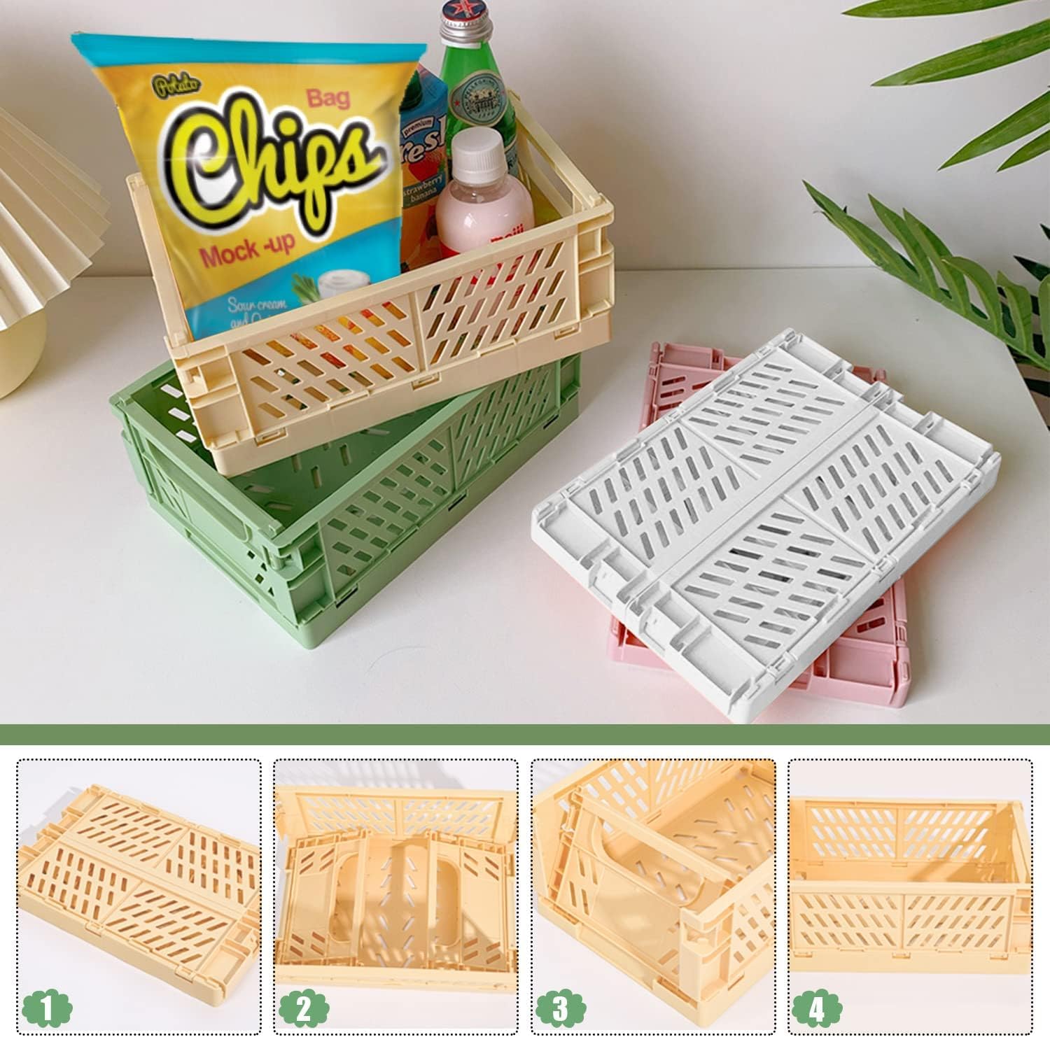 Aiuuee 6 Pièces Caisses Plastique Pliable - 4 Grands Paniers (20,6x15x8,5cm) + 2 Petits - Empilables Avec Poignées