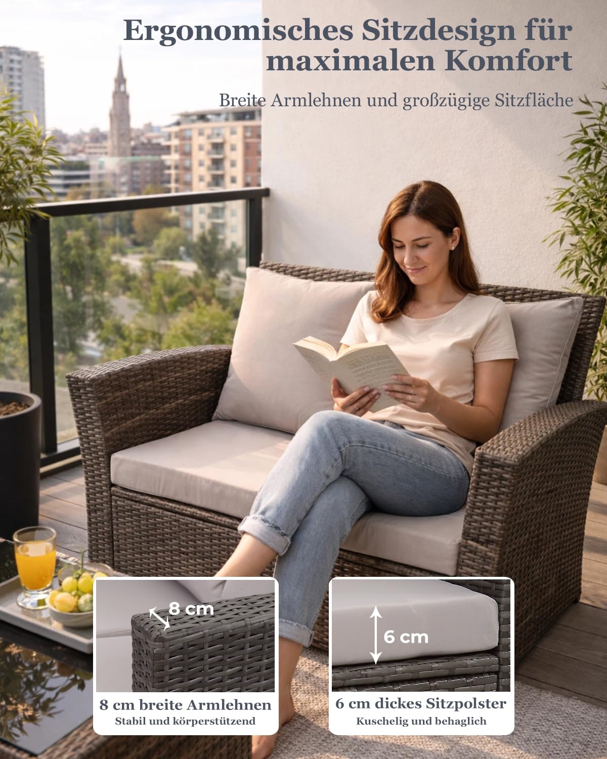 Atenza Polyrattan Gartenmöbel Set 4-teilig, Balkonmöbel Lounge Sitzgruppe | Wetterfeste Terrassenmöbel für 4 Personen, Glastisch mit praktischem Stauraum, waschbare Kissenbezüge mit Reißverschluss