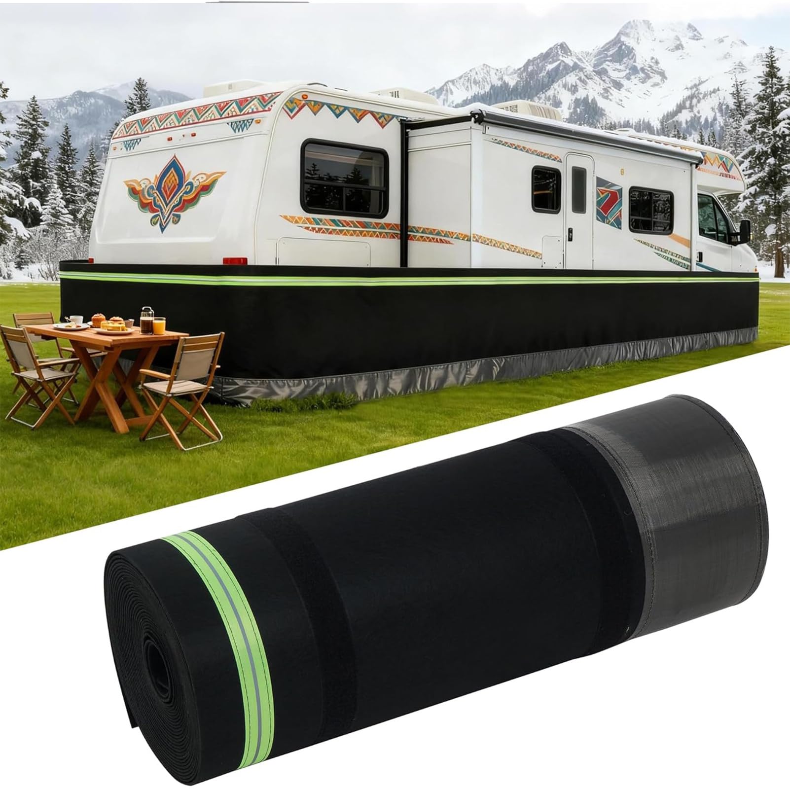 RV-winterafrokking – 31,5 inch hoog – Wind- en sneeuwbestendig en geïsoleerd – Met reflecterende strook en stalen gaas aan de onderzijde – Voor stacaravans en toercaravans. 22m/72ft