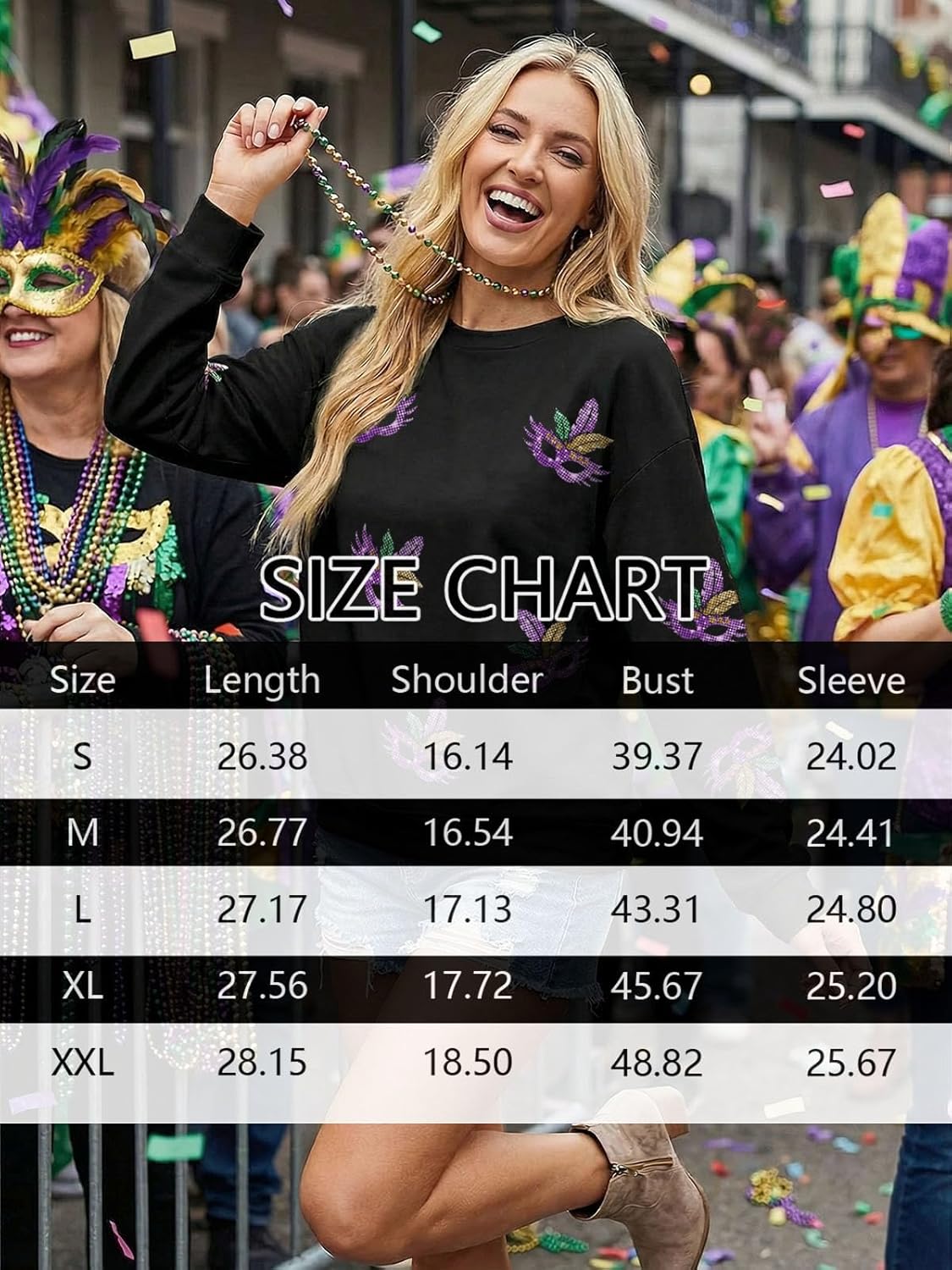 Mardi Gras Sweatshirt for Women Carnival Sequin Sparkle Sweater Purple Masks Crewneck Long Sleeve - Image 6