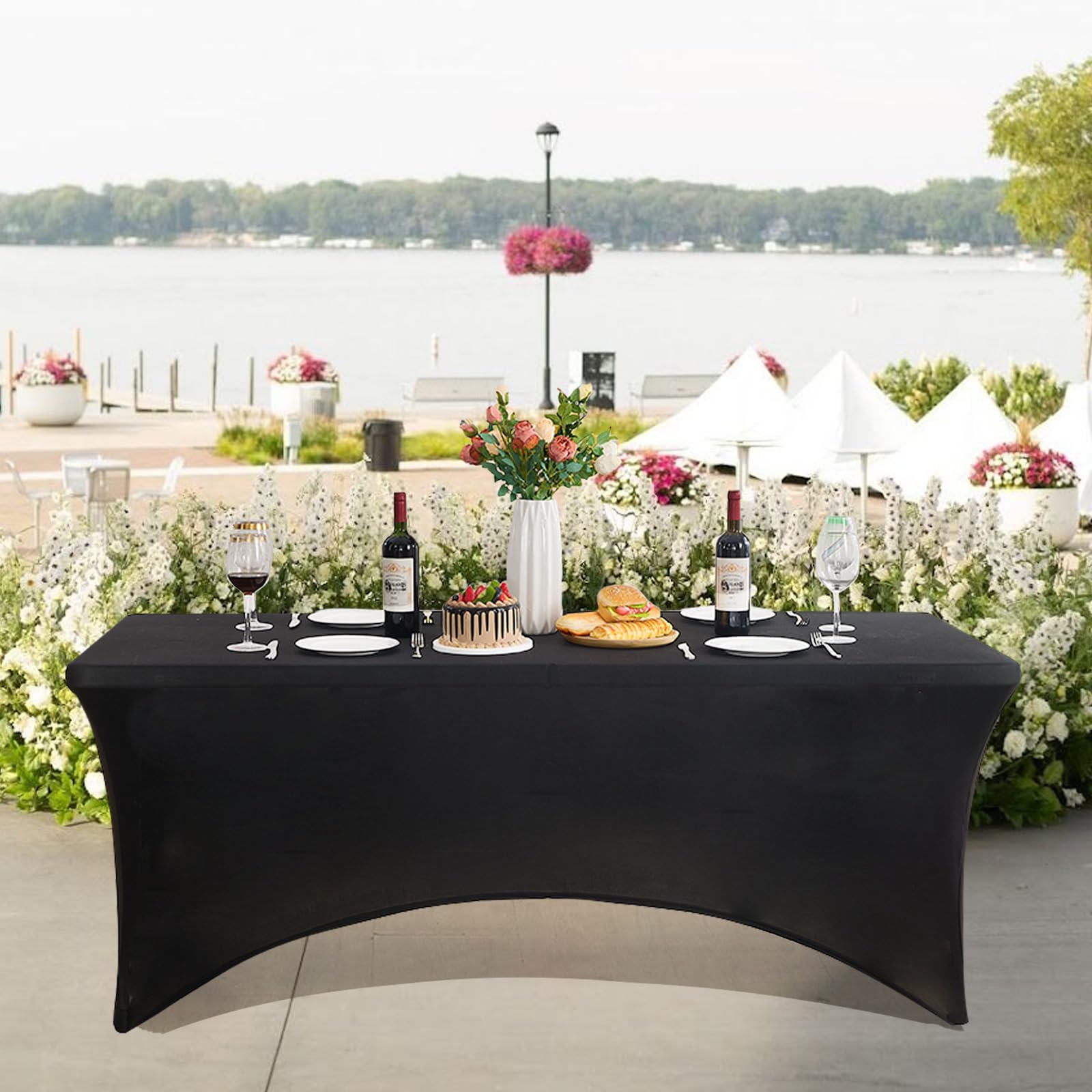 Paquete de 4 manteles rectangulares de elastano ajustables para mesa rectangular, de 6 pies, color negro para cumpleaños, cócteles, banquetes, fiestas al aire libre