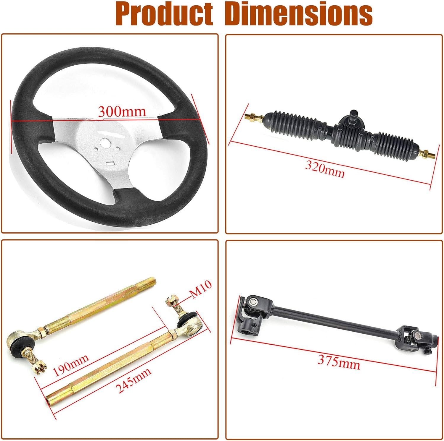 GXYWADY 300mm Steering Wheel Steel Kit 320mm Gear Rack Pinion Adjustable Shaft Set Replacement for 110cc Go Kart ATV Buggy Quad Parts