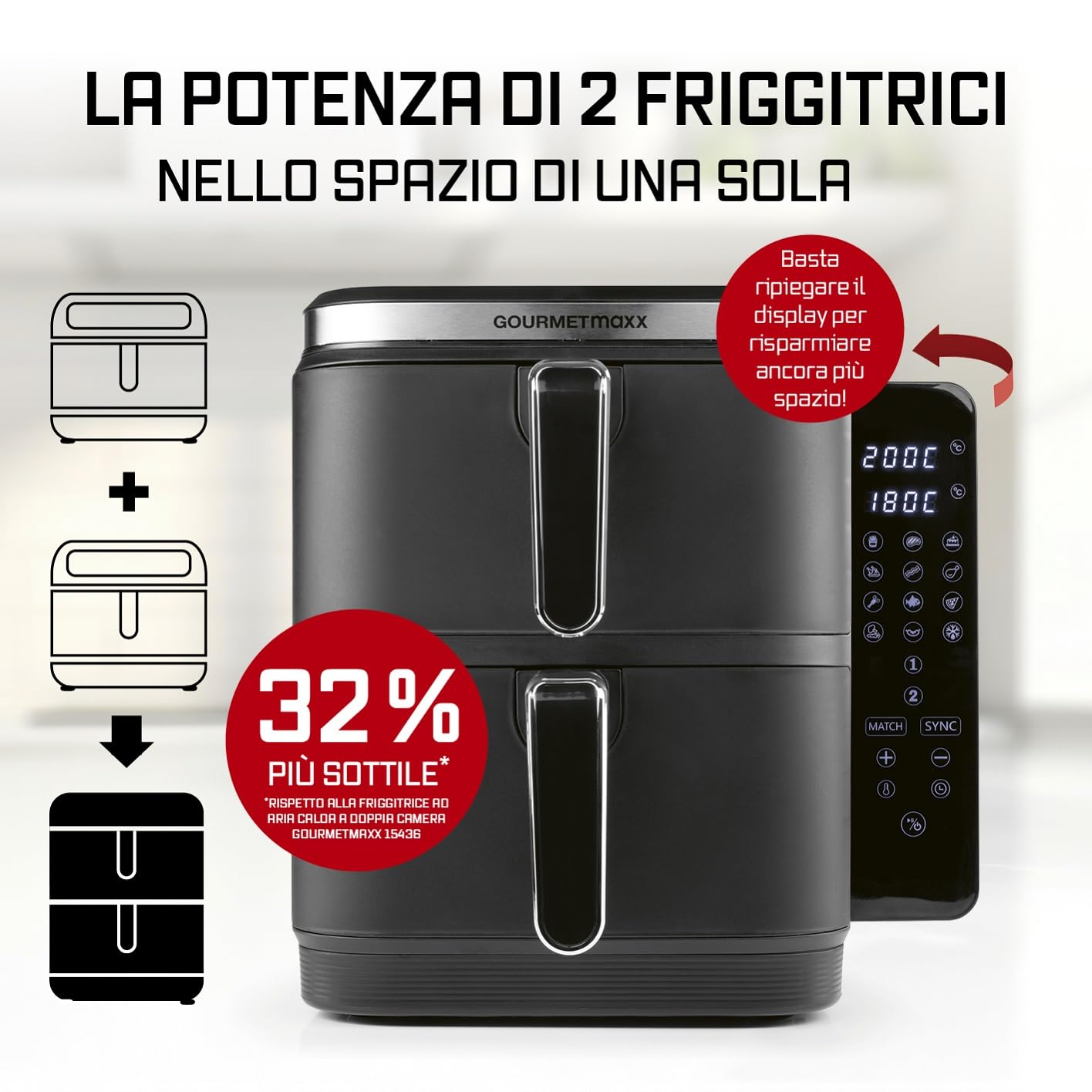 GOURMETmaxx FryUp Friggitrice verticale ad aria calda a doppia camera | Friggitrice 10 litri | 4 piatti su 4 livelli | Display touch richiudibile | 32% in più di risparmio di spazio | Calda 2 camere