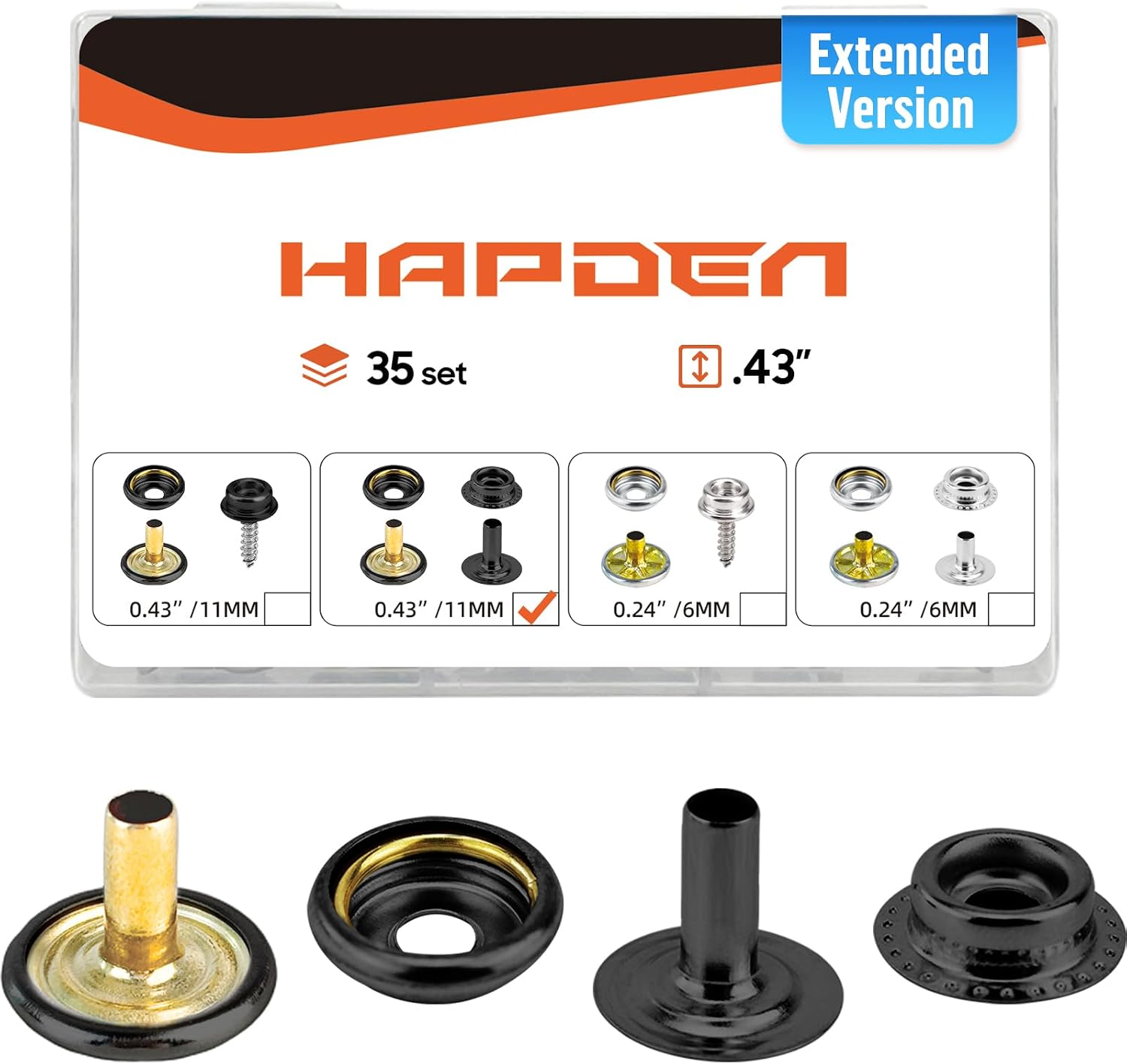 Hapden 140 Pcs Extended Version Canvas Snaps Kit, Heavy Duty Snaps, Stainless Steel for Fabric, Boat Cover,Tarps, DIY Projects Within 0.32”, Cap Post is 0.43" Long