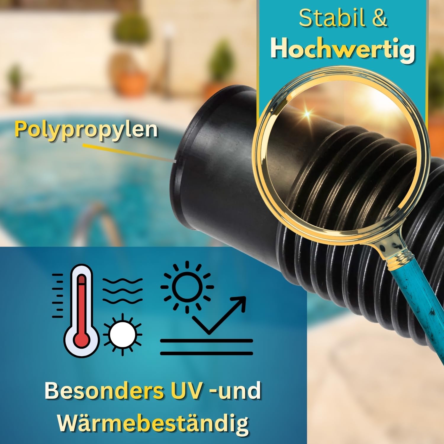 10m Solarschlauch de Luxe Ø 38 mm schwarz - UV-beständig und unterdruckbeständig - mit Doppelmuffe alle 50 cm - temperaturbeständig von -40 bis +70 C - Made in Germany