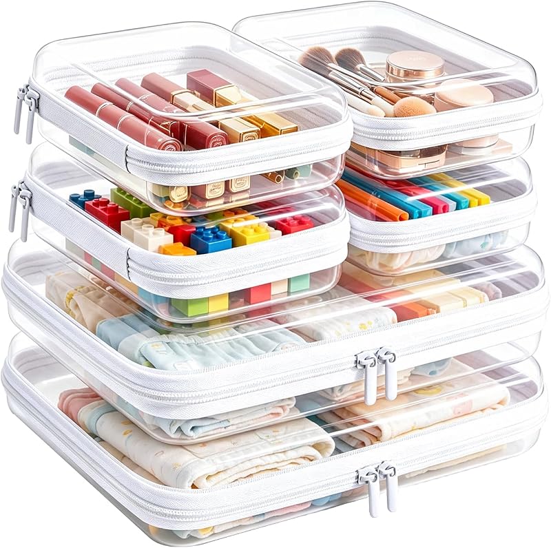Kit com 6 necessaires transparentes KIUGCO com zíper, 2 grandes e 4 pequenas, brancas