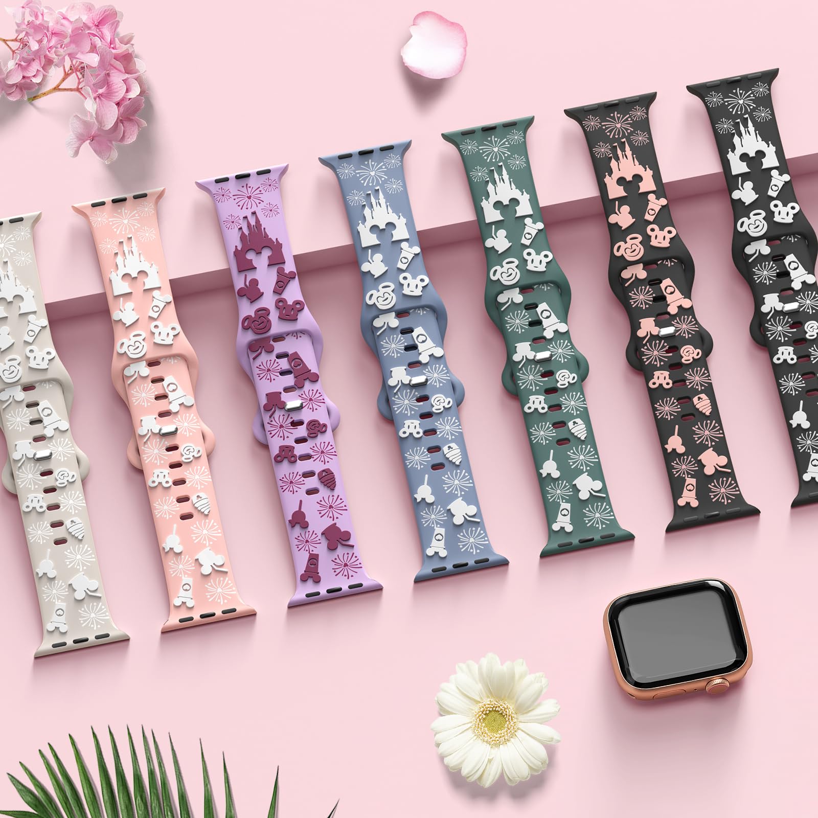 Bracelet en relief 3D de dessin animé compatible avec les bracelets Apple Watch 40 mm, 38 mm, 44 mm, 45 mm, 41 mm, 42 mm, 49 mm, bracelet de sport en silicone souple bicolore, pour iWatch Series 10 9