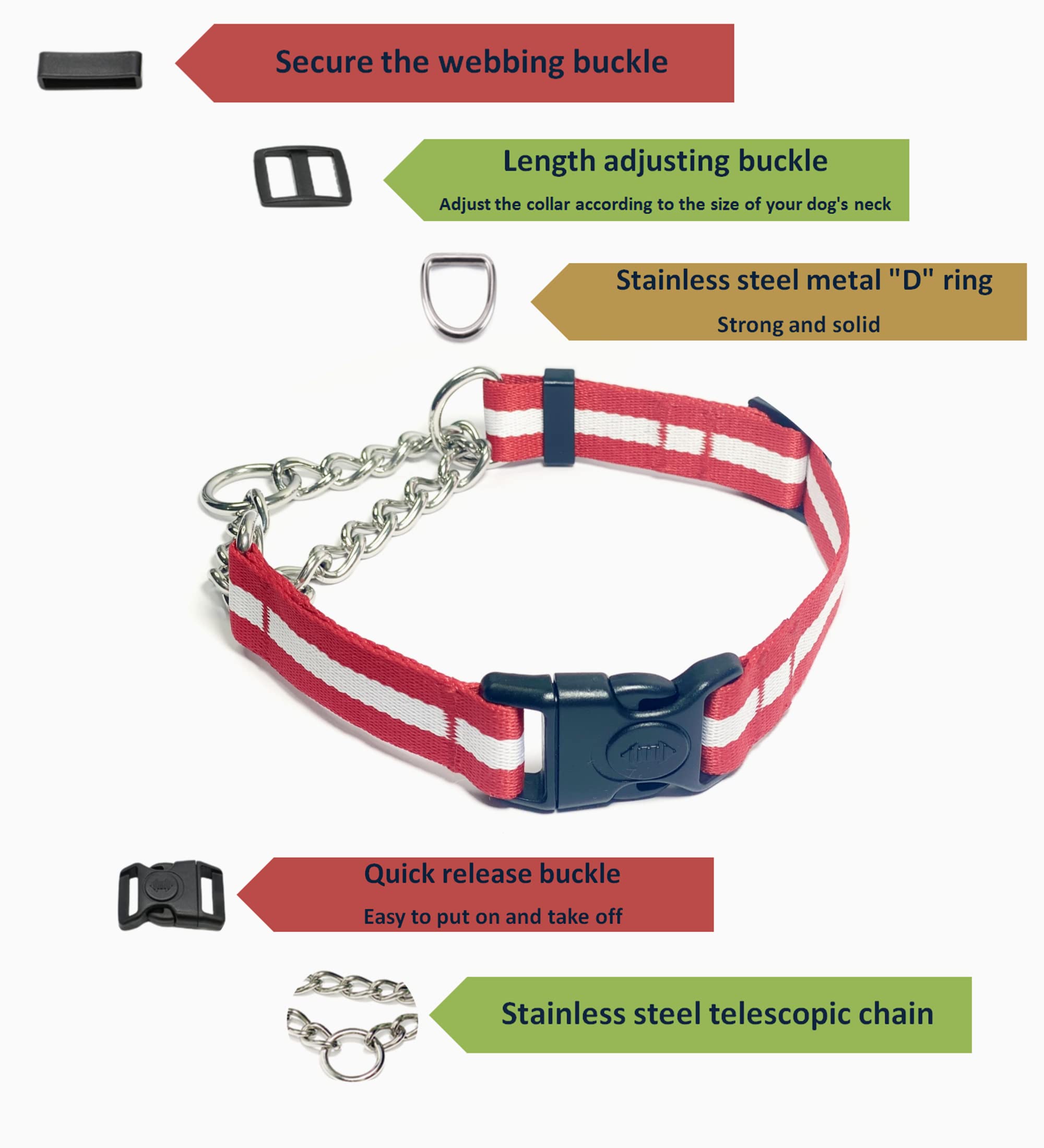 PUROAYET Martingale Collar for Dogs,Adjustable Nylon Collars with Quick Release Buckle,Multicolor Stripe,Stainless Steel Chain NO Pull Training Collars for Samll Medium Large Dogs(Red and White,L)
