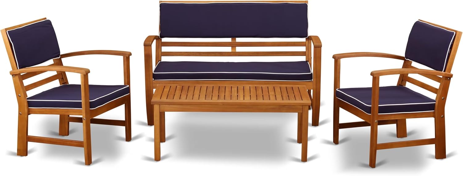 East West Furniture BCOSSNA 4 Piece Patio Bistro Sofa Set includes a Rectangle Outdoor Acacia Wood Bistro Table and All Weather Cushions, 19x38 Inch Inch, Natural Oil