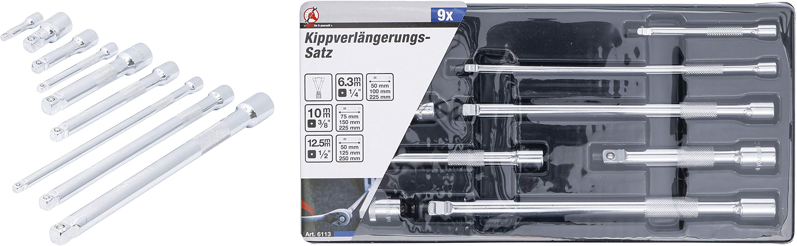 Jeu De 9 Rallonges Basculantes BGS 2253 - 1/4", 3/8", 1/2" - Longueurs 50 à 250 Mm - Acier Chrome-Vanadium
